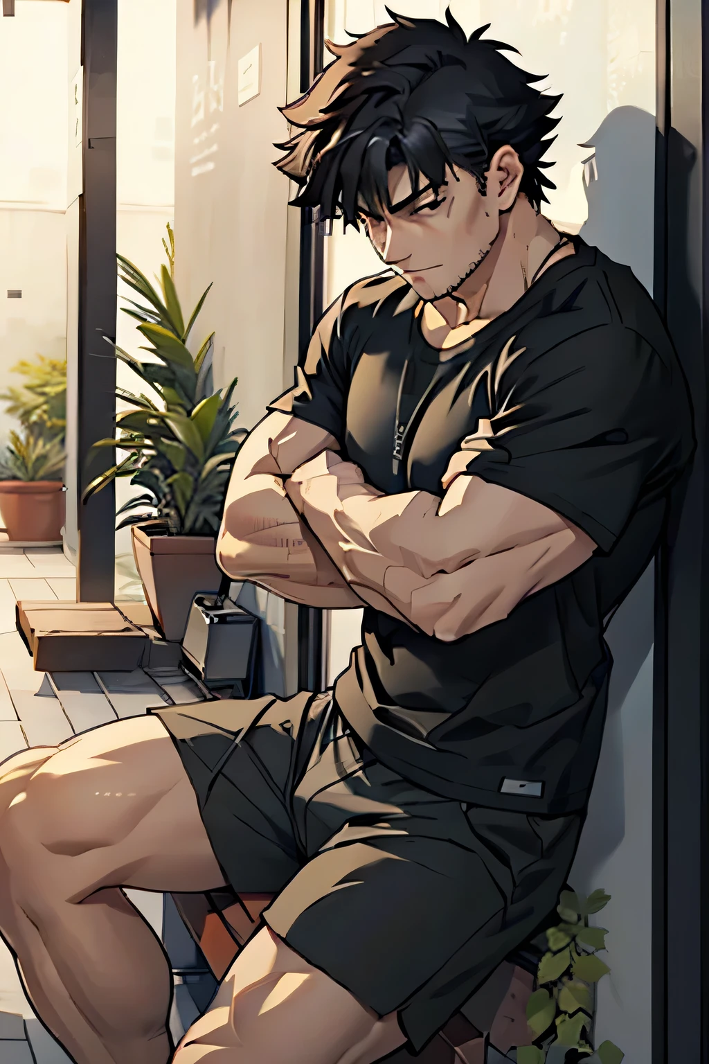 Kiritsugu is sitting and flexing his thighs. He wears black short boxershorts. You can see his thighs completely. He is wearing a black tshirt with short sleeves. His sleeve is rolled up completely, so you can see his entire arm and shoulder. He is admiring his arms. He has a huge bulge. You can see his abs too. His boxershorts are rolled up completely so you can see his entire leg. he has many bulging veins on his arms.