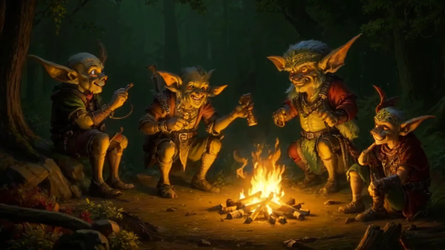three goblins are sitting around a campfire in the woods, goblin art, goblins and trolls, goblins, dnd party, adventuring , goblins partying at a rave, goblins attacking, dnd in a dark forest, roleplaying game art, high quality dnd illustration, hyperrealistic d & d fantasy art, fantasy rpg book illustration