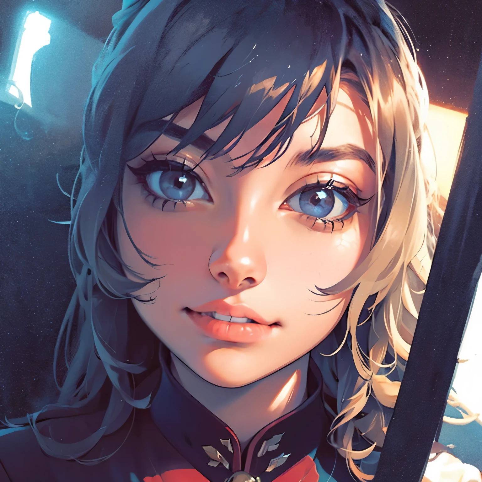 (Front Focus), (In the Dark: 1.6), Surrealistic Female Portraits by David Hockney and Alphonse Mucha, Perfect Beauty 1:1 Fantasy Art, Photo Realism, Dynamic Lighting, ArtStation, Poster, Volumetric Lighting, Very Detailed Faces, 4 K, Award-Awarded, 1girl, In the Dark, Deep Shadow, Low Key, Cowboy Shot, (Official Uniform: 1.4), Long Hair,