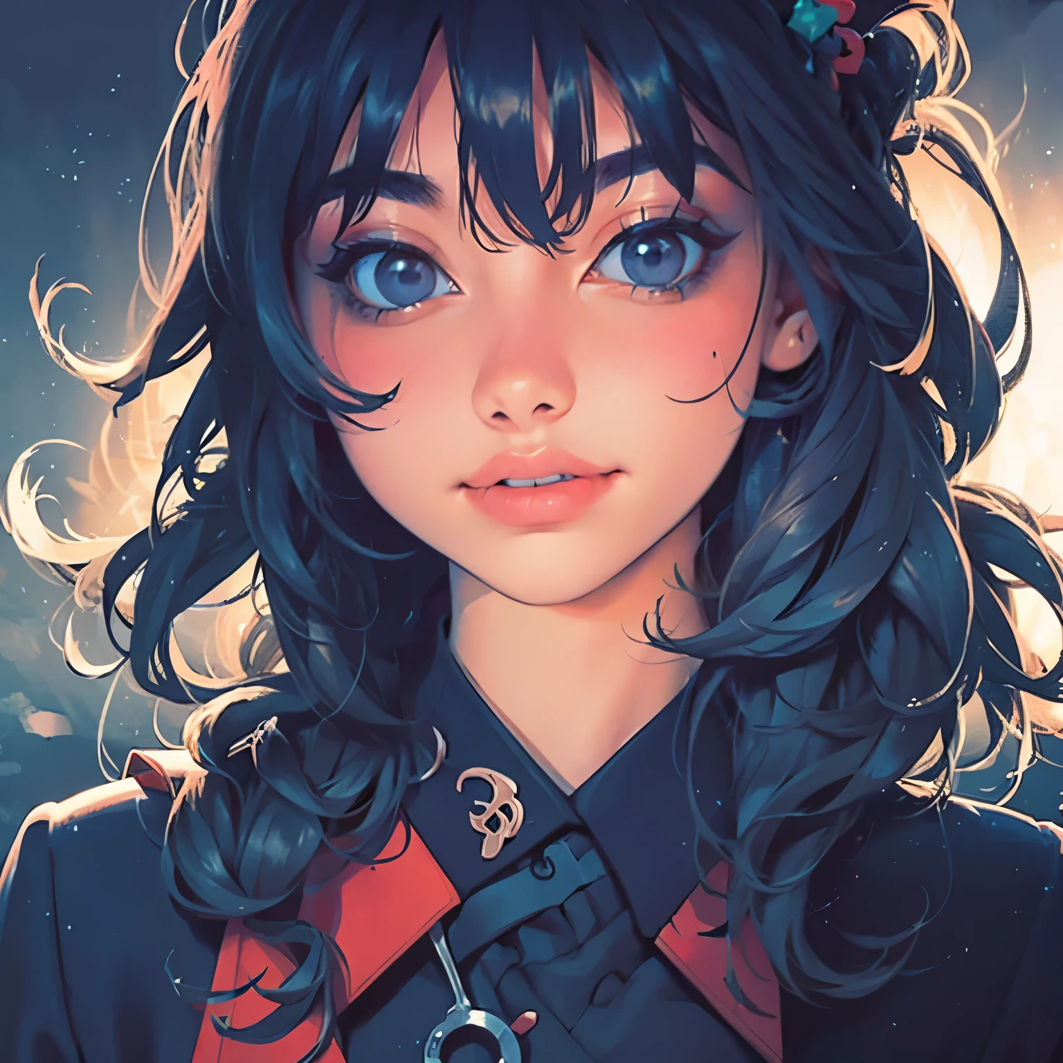 (Front Focus), (In the Dark: 1.6), Surrealistic Female Portraits by David Hockney and Alphonse Mucha, Perfect Beauty 1:1 Fantasy Art, Photo Realism, Dynamic Lighting, ArtStation, Poster, Volumetric Lighting, Very Detailed Faces, 4 K, Award-Awarded, 1girl, In the Dark, Deep Shadow, Low Key, Cowboy Shot, (Official Uniform: 1.4), Long Hair,