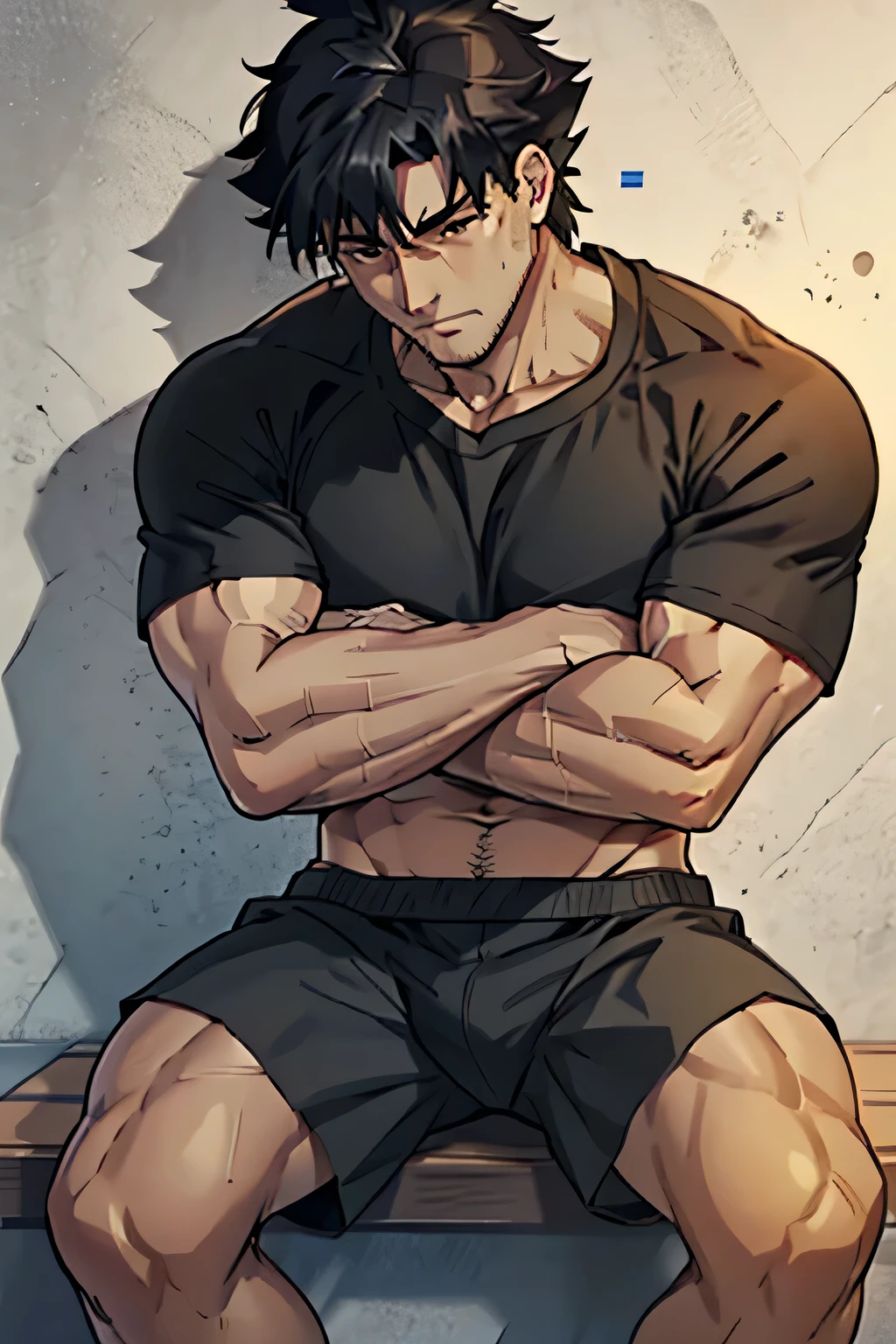 Kiritsugu is sitting and flexing his thighs. He wears black short boxershorts. You can see his thighs completely. He is wearing a black tshirt with short sleeves. His sleeve is rolled up completely, so you can see his entire arm and shoulder. He is admiring his arms. He has a huge bulge. You can see his abs too. His boxershorts are rolled up completely so you can see his entire leg. he has many bulging veins on his arms.
