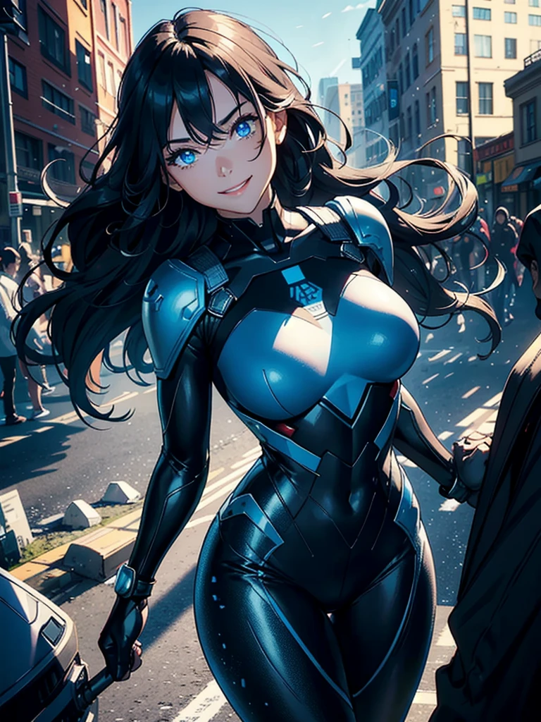 16K, HDR,UHD, RTX, ray tracing, chiaroscuro, best quality, masterpiece, ethereal, perfect illustration, digital artwork, trending on artstation, jaw-dropping perfection, ultra realistic, textured amazing lighting effects, perfect shadows, WLOP, 1girl, beautiful mature edgy woman in a cool long jacket and black pants, superhero suit, stomach covered by clothing, shoulder-length hair, shoulder-length hair, wavy hair, black hair, highly detailed glowing blue eyes, glowing eyes, blue eyes, beautiful glowy blue eyes, detailed eyes, beautiful face, perfect anatomy, broad shoulders, strong upper-body, modern city, city, beautiful weather, stunning sunshine, sunny, daylight, sunlight, modern, nature, daytime, superhero, uplifting, heroic, heroic pose, smiling, smiling at camera, athletic, hands near hips, glowy eyes, daytime, black and blue superhero suit, metal shoulder-pads, summertime, radiant sunlight, beautiful cityscape, hair blowing in wind, manly shoulders, big smile, wide smile, happy eyes, joyful, smiling with teeth, very tall, wide shoulders, sunlight, blue logo on chest