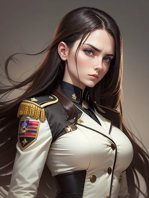 30 year old woman, shoulder length hair, greeneyes, serious expression, military uniform white, holding a gun, QG.