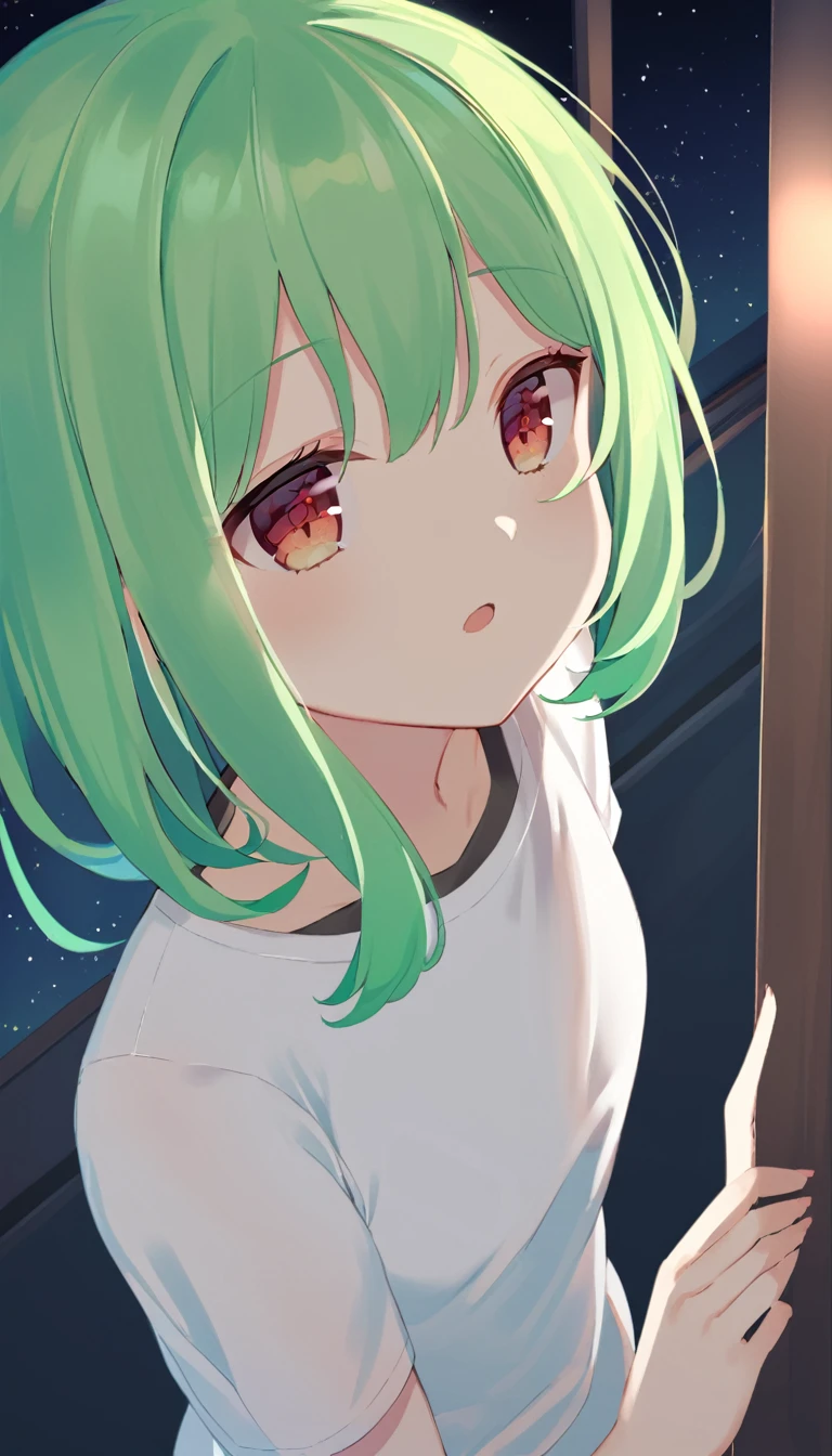 A girl looks out her bedroom window at the night sky, Bright green hair and glowing red eyes, Wearing a white shirt
