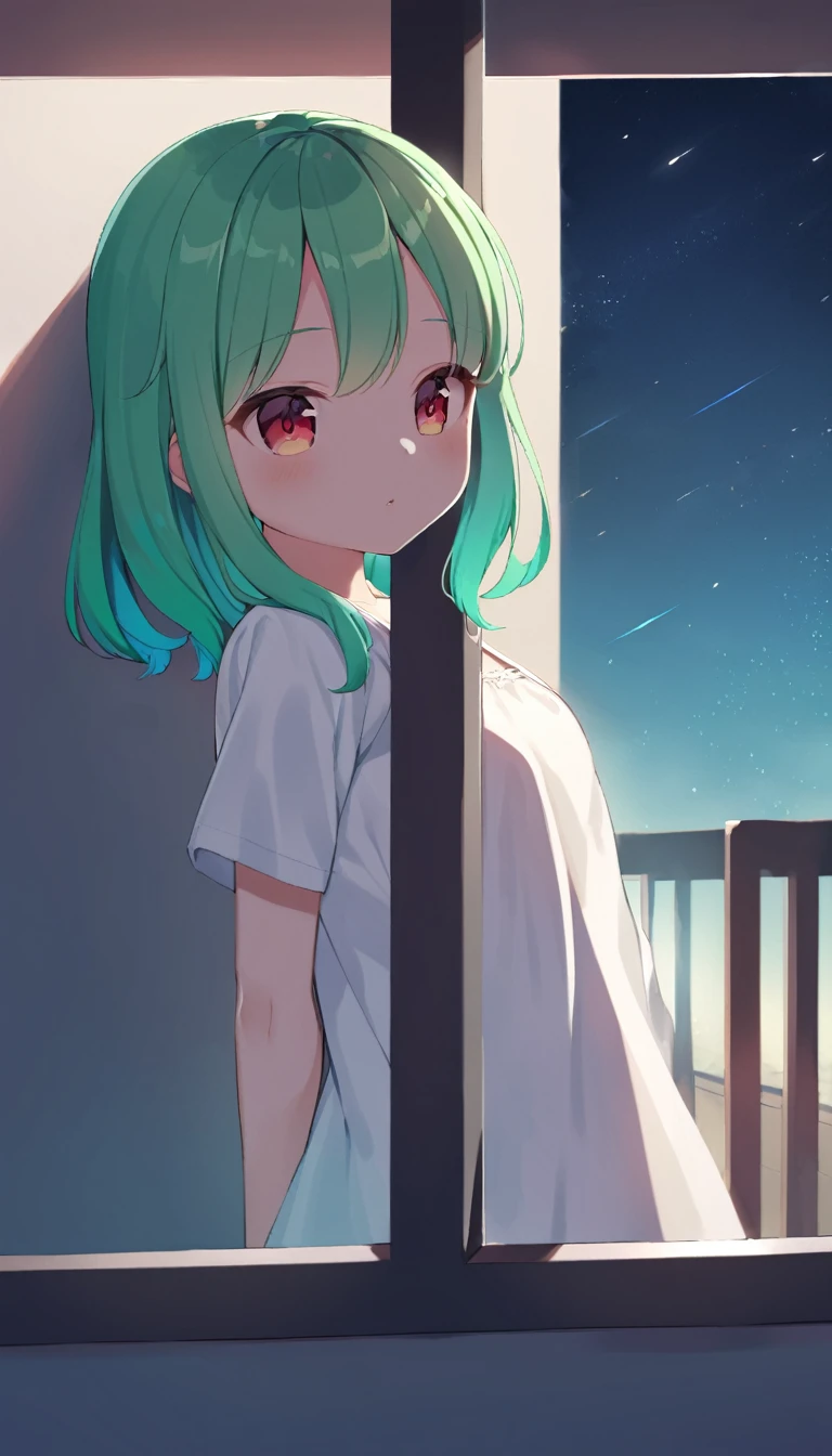 A girl looks out her bedroom window at the night sky, Bright green hair and glowing red eyes, Wearing a white shirt