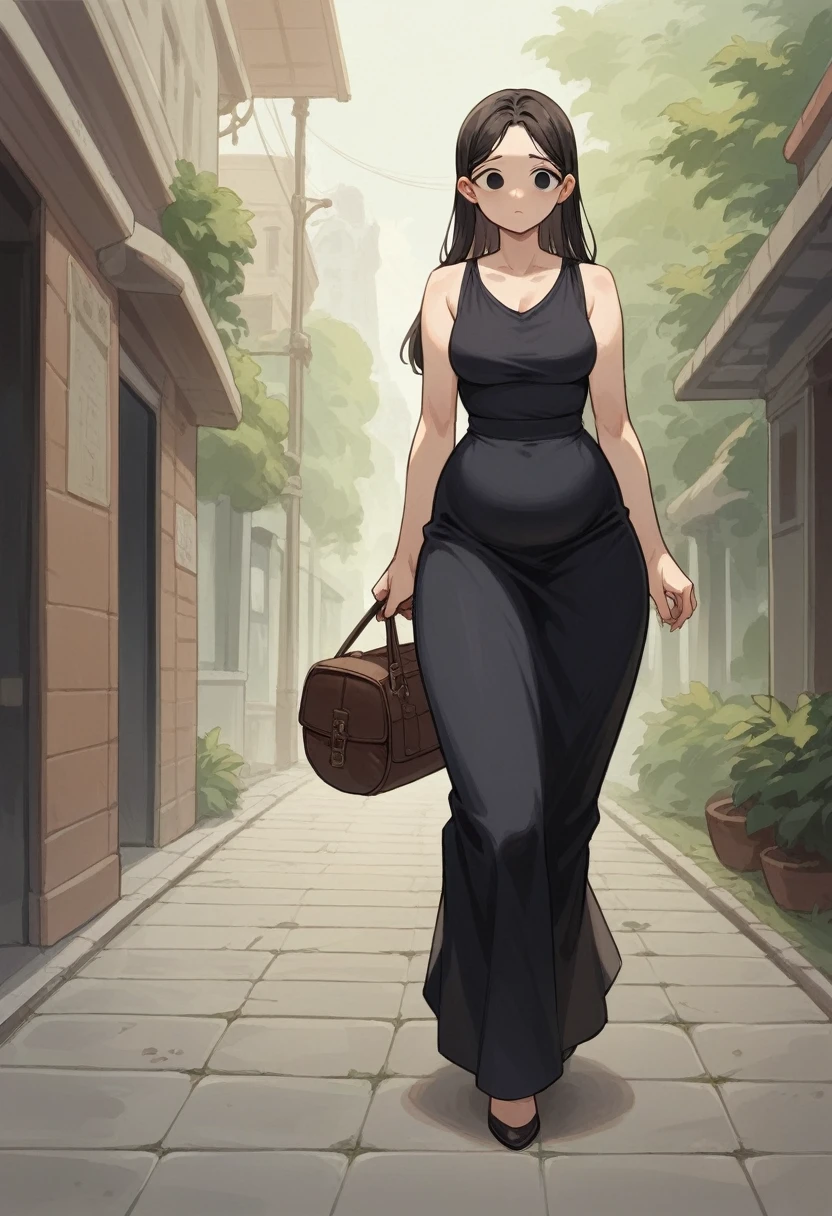 alone, 1 woman 40 years old, Brunetette, chubby. Slim waist wide hips, black eyes, Round face. defined mouth, Black coiled hair , wearing long gown, with bag and notebook in arms, standing, whole body position, walking on the sidewalk