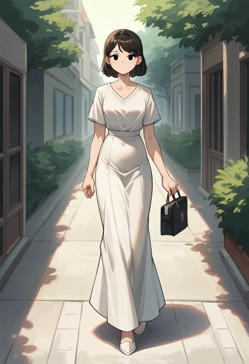 alone, 1 woman 40 years old, Brunetette, chubby. Slim waist wide hips, black eyes, Round face. defined mouth, Black coiled hair , wearing long gown, with bag and notebook in arms, standing, whole body position, walking on the sidewalk