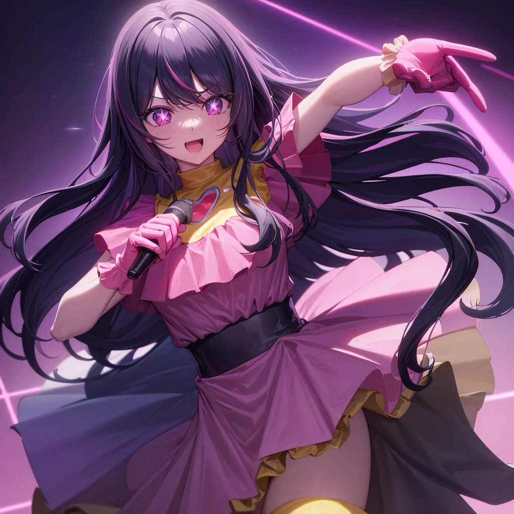 (masterpiece:1.3), (best quality:1.2), (8k, ultra detailed, ultra high res:1.3), ((anime style)), (perfect 5 fingers:1.1), perfect anatomy, 
1girl,
Hoshino Ai
BREAK long hair, 
black hair, purple eyes, star-shaped pupils, (holding microphone:0.9), 
medium breasts,  
(star dress, pink dress, yellow collar, pink gloves, pink thigh boots), 
open mouth, happy, 
looking at viewer, 
upper body, 
idol stage, concert, stage lights, audience, crowd, light particles, (neon:1.2), dynamic pose, 