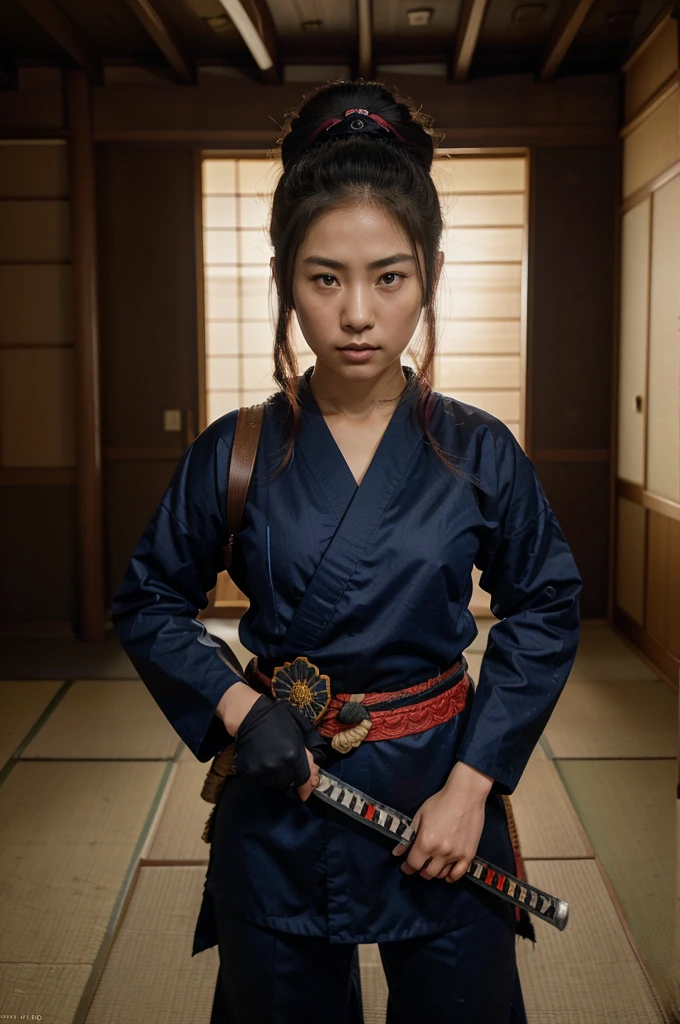 a text title movie poster "UNIKAWA ARASO" a Japanese warrior girl wearing a typical Japanese ninja costume carrying a katana in her hand stood alert. the background in the darkness of the house of the Japanese endo period samurai house. there are colorful fractal illusions around it making the film poster interesting. uhd 8k studio photolighting. 4xupscale.
