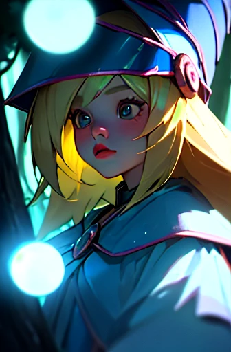 dark magician girl, mksks style, (very detailed background:1.0), (highly detailed background:1.0), masterpiece, best quality, (1girl), solo, (forest), long hair, blonde hair, blue headwear, wizard hat, spell casting, nature, trees:1.2, motion blur, magic, (moonlight:1.2), chromatic aberration, depth of field, soft lighting, highly detailed face, highly detailed eyes