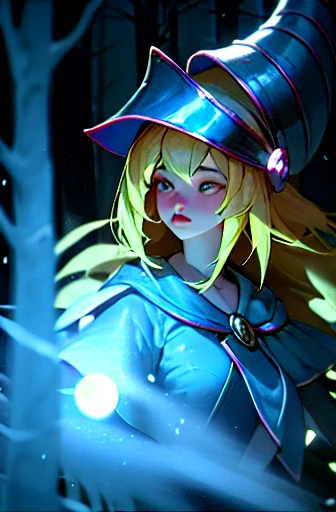 dark magician girl, mksks style, (very detailed background:1.0), (highly detailed background:1.0), masterpiece, best quality, (1girl), solo, (forest), long hair, blonde hair, blue headwear, wizard hat, spell casting, nature, trees:1.2, motion blur, magic, (moonlight:1.2), chromatic aberration, depth of field, soft lighting, highly detailed face, highly detailed eyes  