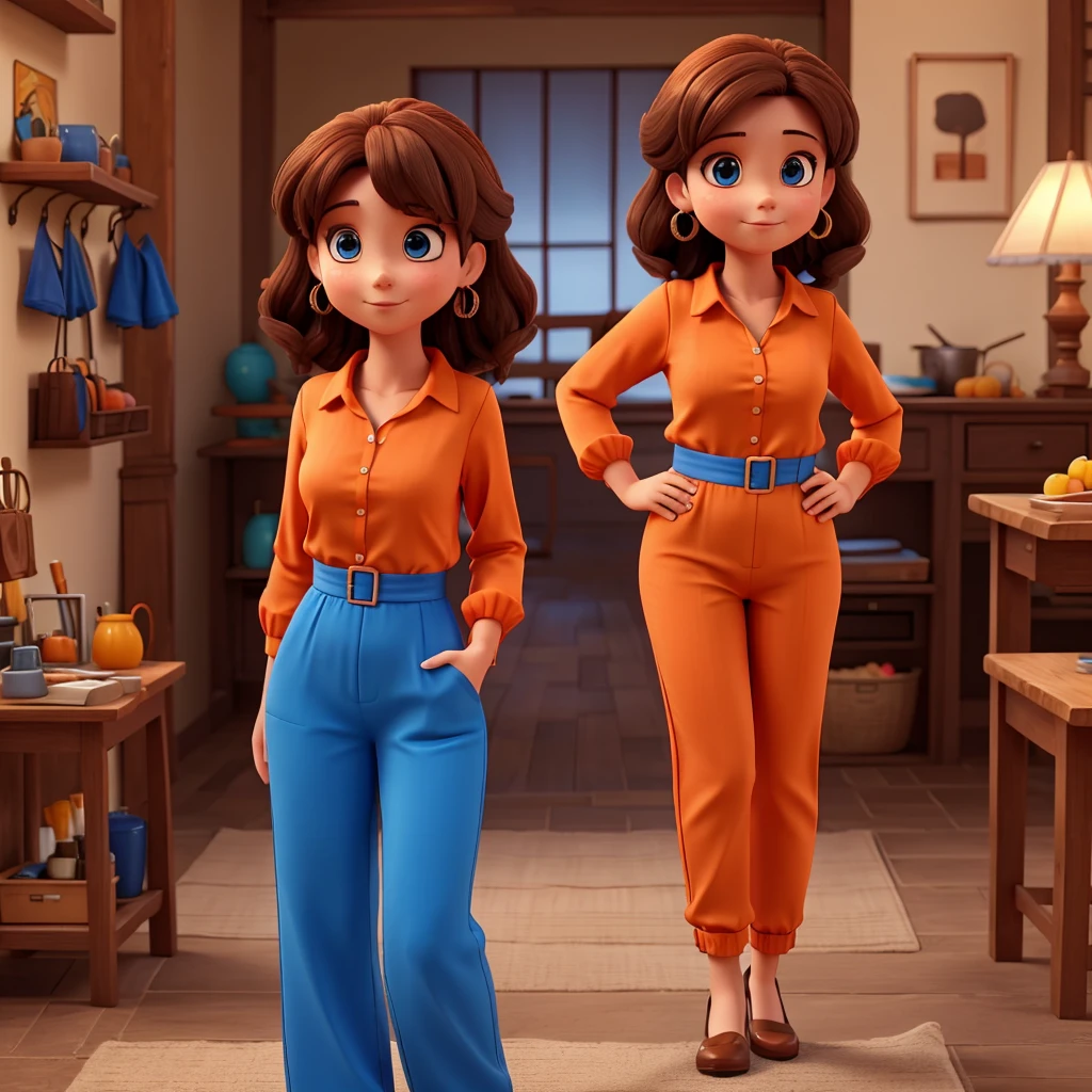 in an orange blouse with a blue jumpsuit and dark brown hair