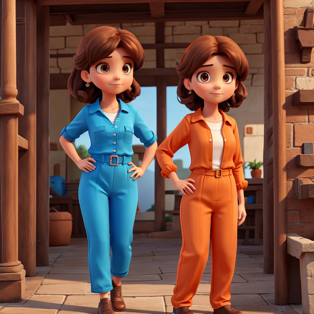 in an orange blouse with a blue jumpsuit and dark brown hair