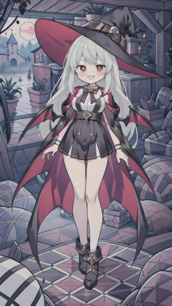 8K,  1girl, solo, sexy vampire witch, white long hair, bright red eyes, showing fangs, bat wings, smile, (blush), (shy), looking at viewer,  dynamic angle, fantastic scenery castle, big breast, show full body, magical girl, white hair, red eyes, black witch hat, demon tail, long hair, big ass, bloody 