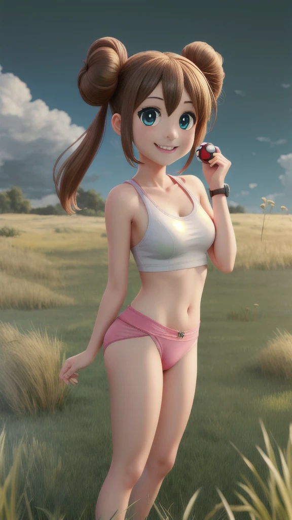 masterpiece, Best Quality, 超A high resolution, top-quality, Anime style, The best lighting, Beautiful face, ​masterpiece, Hi-Res, RO1, Hair buns, blue eyes, Twin-tailed, panthyhose, tightpanties, Pink ribbon, wrist watch,  Standing, cowboy shot, deph of field, pokeball \(basic\), A smile, (Grass background:1.5), pleasant sunny sky, 1 girl