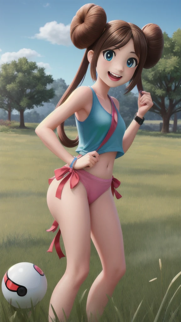 masterpiece, Best Quality, 超A high resolution, top-quality, Anime style, The best lighting, Beautiful face, ​masterpiece, Hi-Res, RO1, Hair buns, blue eyes, Twin-tailed, panthyhose, tightpanties, Pink ribbon, wrist watch,  Standing, cowboy shot, deph of field, pokeball \(basic\), A smile, (Grass background:1.5), pleasant sunny sky, 1 girl