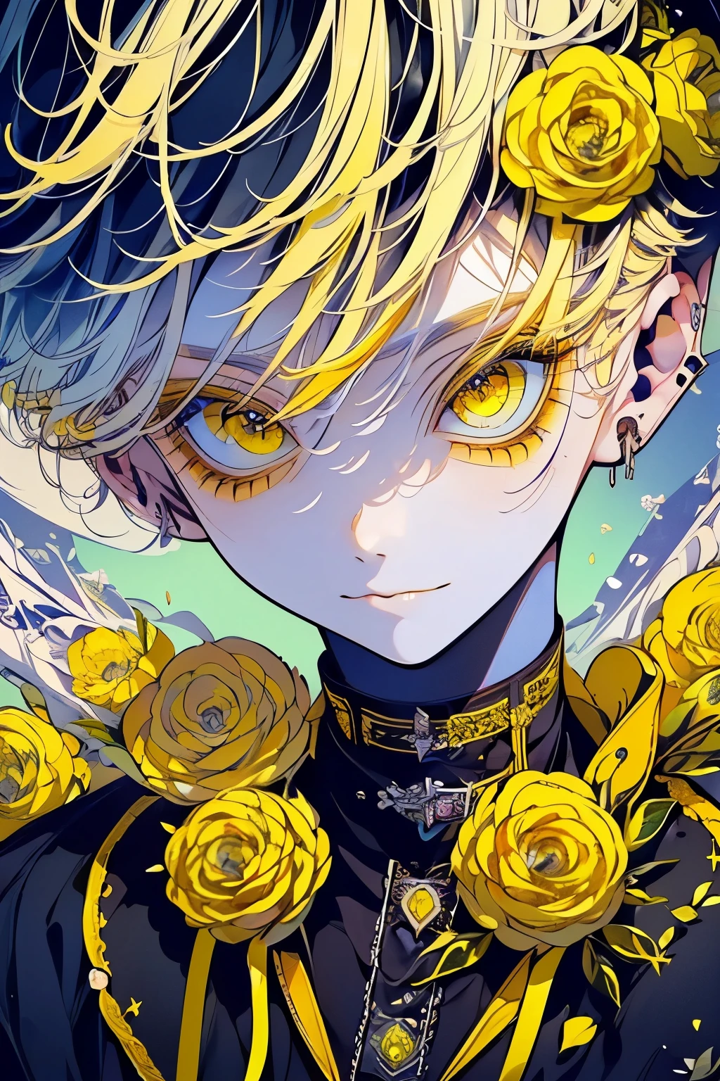 (Mastepiece), (Best Quality), Very detailed, 1 boy, Solo Shooting, Perfect Face, Beautiful Face, Very detailedな顔,(Yellow Hair:1.3),(short hair:1.4)、(Big eyes:1.4),(Long eyelashes:1.4)、(Yellow Eyes:1.3)、Black clothes、Lots of flowers、petal、(smile:1.4)