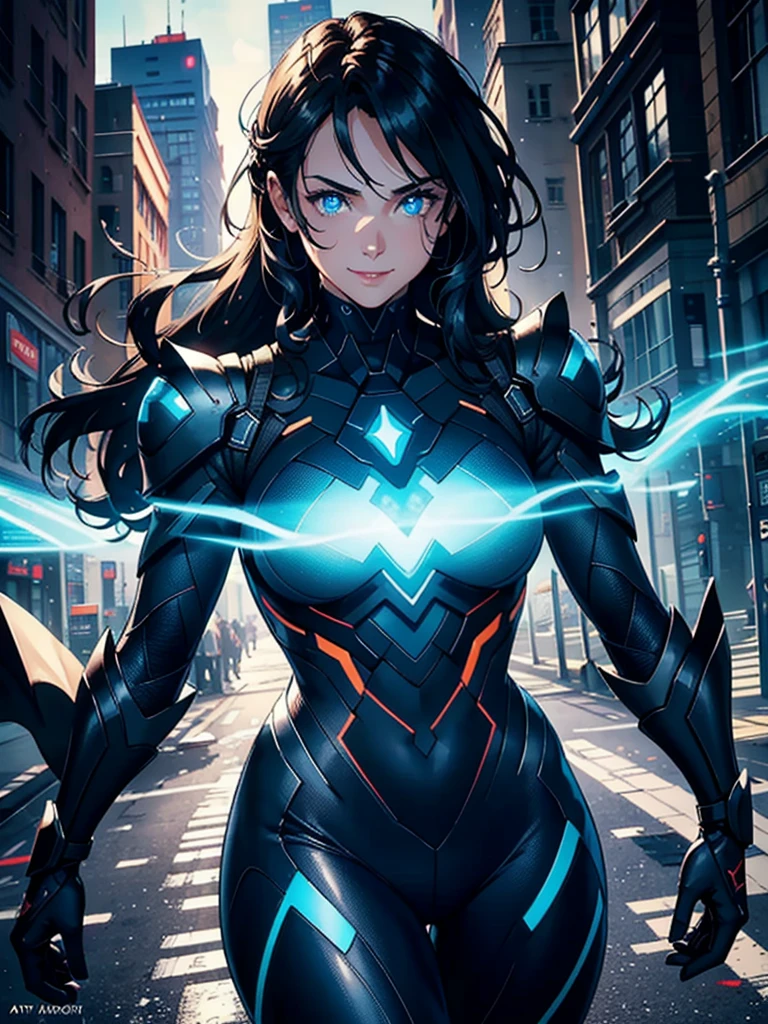 16K, HDR,UHD, RTX, ray tracing, chiaroscuro, best quality, masterpiece, ethereal, perfect illustration, digital artwork, trending on artstation, jaw-dropping perfection, ultra realistic, textured amazing lighting effects, perfect shadows, WLOP, 1girl, beautiful mature edgy woman in a cool long jacket and black pants, superhero suit, stomach covered by clothing, shoulder-length hair, shoulder-length hair, wavy hair, black hair, highly detailed glowing blue eyes, glowing eyes, blue eyes, beautiful glowy blue eyes, detailed eyes, beautiful face, perfect anatomy, broad shoulders, strong upper-body, modern city, city, beautiful weather, stunning sunshine, sunny, daylight, sunlight, modern, nature, daytime, superhero, uplifting, heroic, heroic pose, smiling, smiling at camera, athletic, hands near hips, glowy eyes, daytime, black and blue superhero suit, metal shoulder-pads, summertime, radiant sunlight, beautiful cityscape, hair blowing in wind, manly shoulders, big smile, wide smile, happy eyes, joyful, smiling with teeth, very tall, wide shoulders, tall
