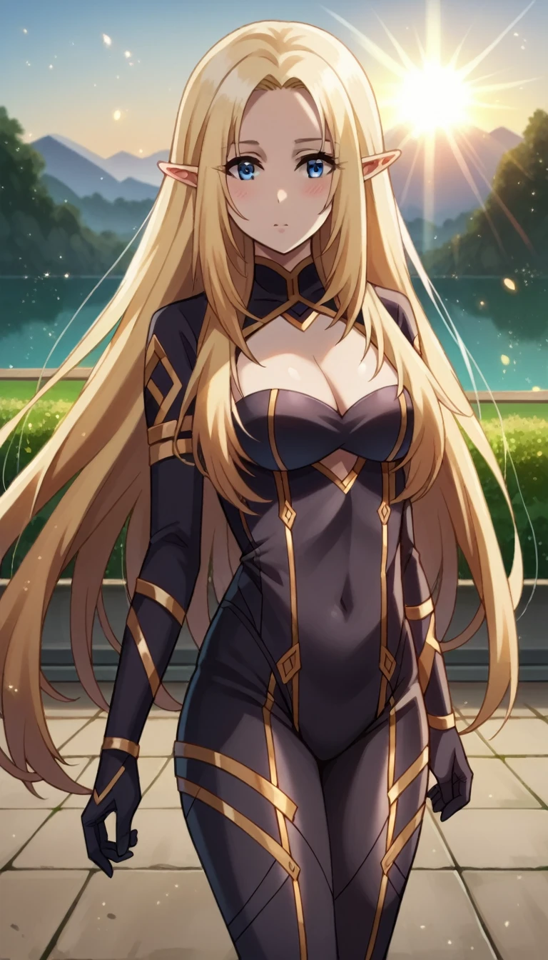 masterpiece，Highest quality, Beautiful and exquisite body,Alpha, long hair, blue eyes, blonde hair, pointy ears, elf,cleavage, clothing cutout, cleavage cutout, bodysuit, black bodysuit,elegant, 1 Girl, cute, Blushed, Looking at the audience,  Beautiful Eyes, Beautiful background, Particles of light, Light of the sun, Dramatic lighting, outside, Shiny, Realistic,  Highest quality, Very detailed, Get used to it, scenery, Beautiful and exquisite, Thin Hair，Full Body Shot，