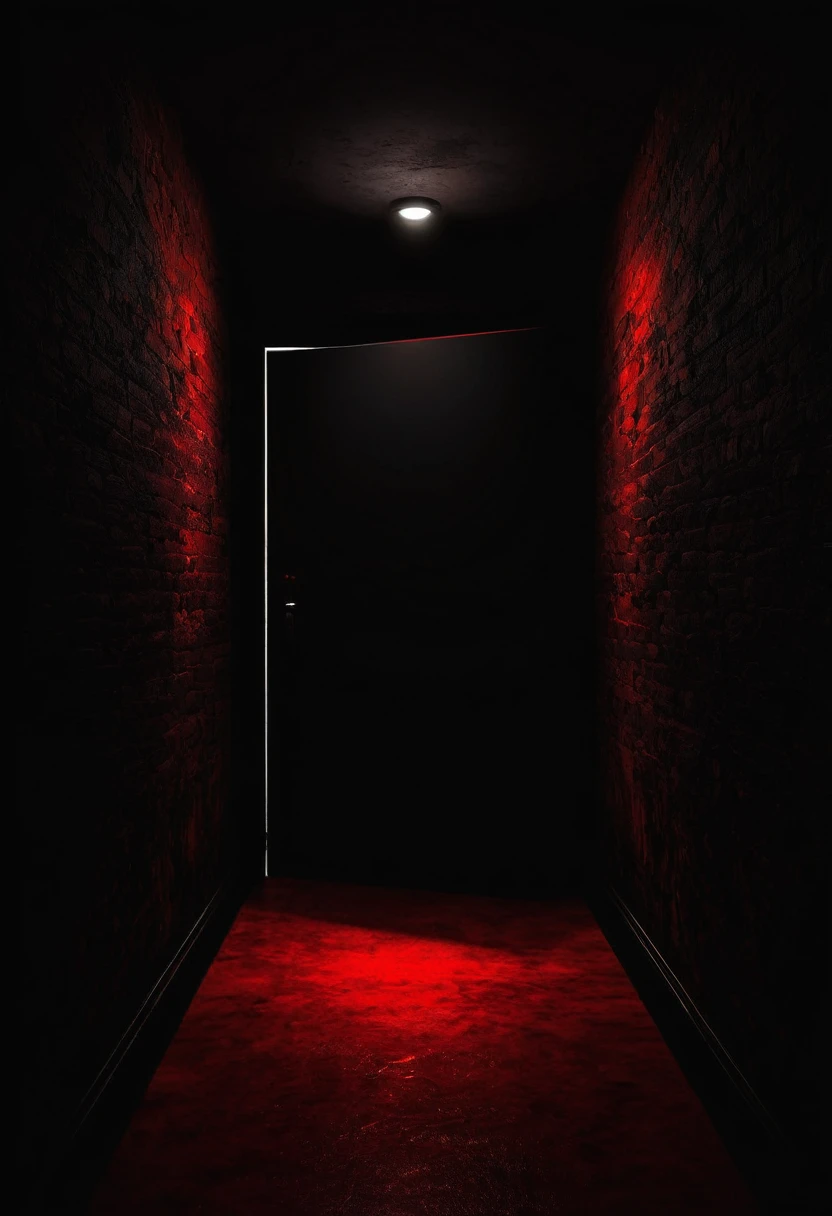 Absolute darkness, a black wall. At the end of the wall, an open door, a red light coming out, an intense red light.