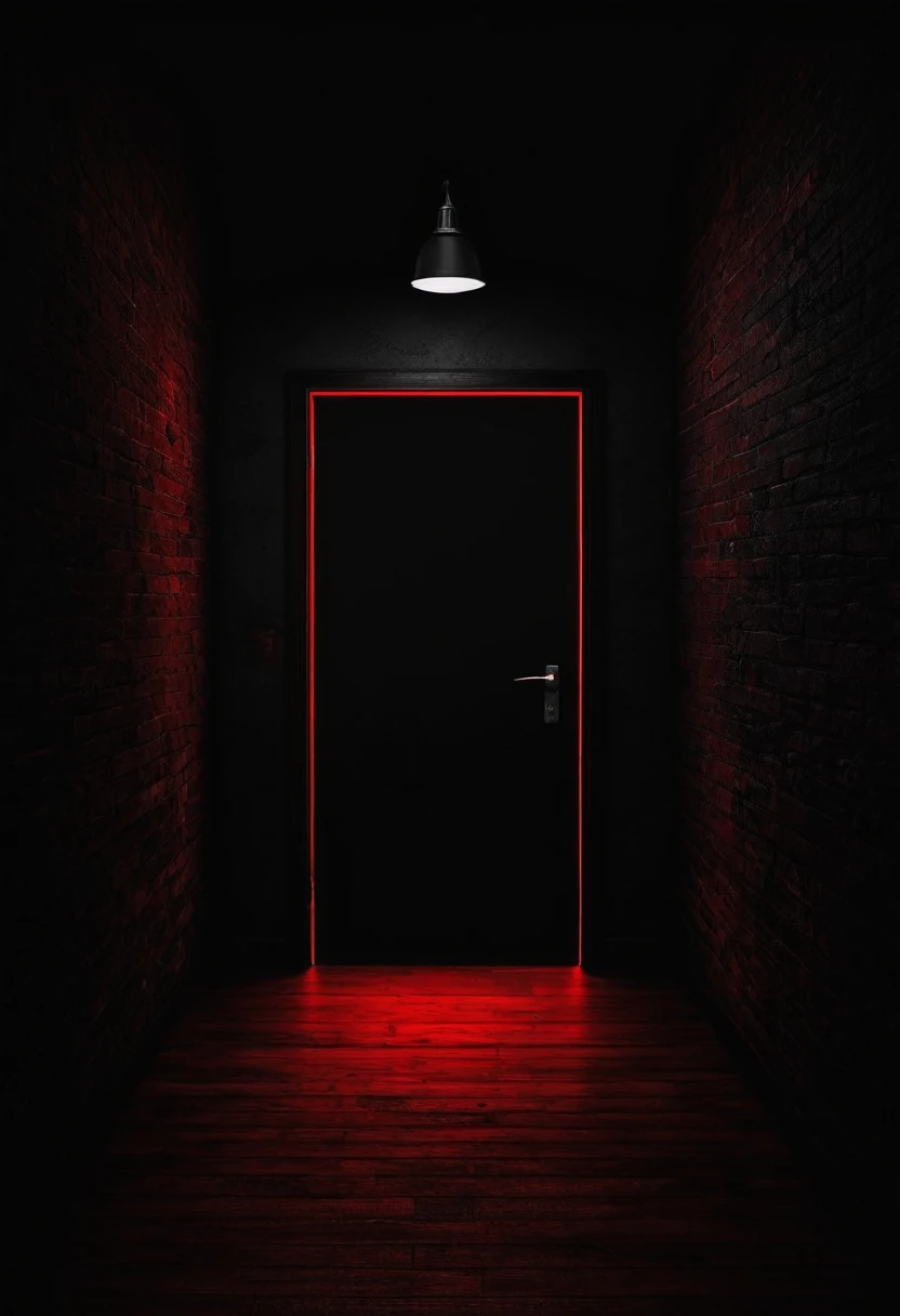 Absolute darkness, a black wall. At the end of the wall, an open door, a red light coming out, an intense red light.