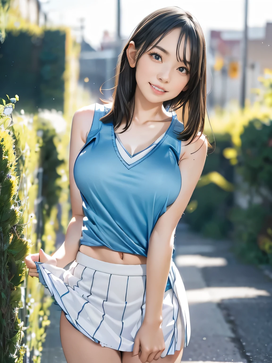 1girl, woman, girl in summer clothes, beautiful, medium breasts, flirtatious look, high res, ((tanktop jersey:1.78)), (1girl eyes looking at viewer:1.55), camisole, Plain costumes, Simple Background, Emphasis on the chest, White outfit, whole body, cute face, beautiful face, nipple, light smile, (skirt lift:1.2), skirt lift pov, shirt lift up, bra lift up, constricted waist, shirt_lift, blush, shy, panties, underwear, lifting shirt, underboobs, 25 years old woman, skirt lift, flipped my skirt, photorealistic, (bokeh), photorealistic, depth of field, best quality, anatomically correct, super detail, textured skin, UHD, 8k