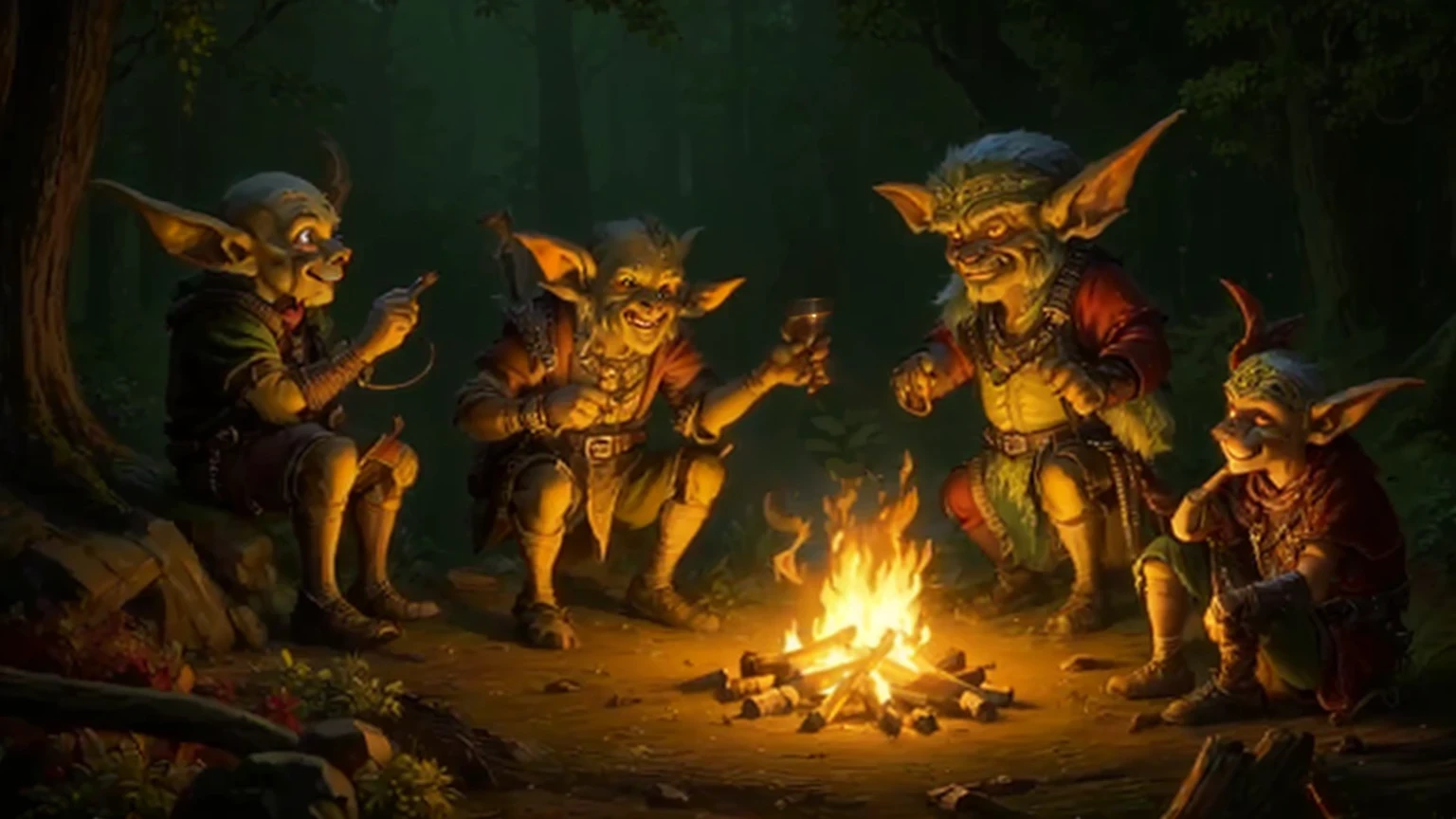 three goblins are sitting around a campfire in the woods, goblin art, goblins and trolls, goblins, dnd party, adventuring , goblins partying at a rave, goblins attacking, dnd in a dark forest, roleplaying game art, high quality dnd illustration, hyperrealistic d & d fantasy art, fantasy rpg book illustration