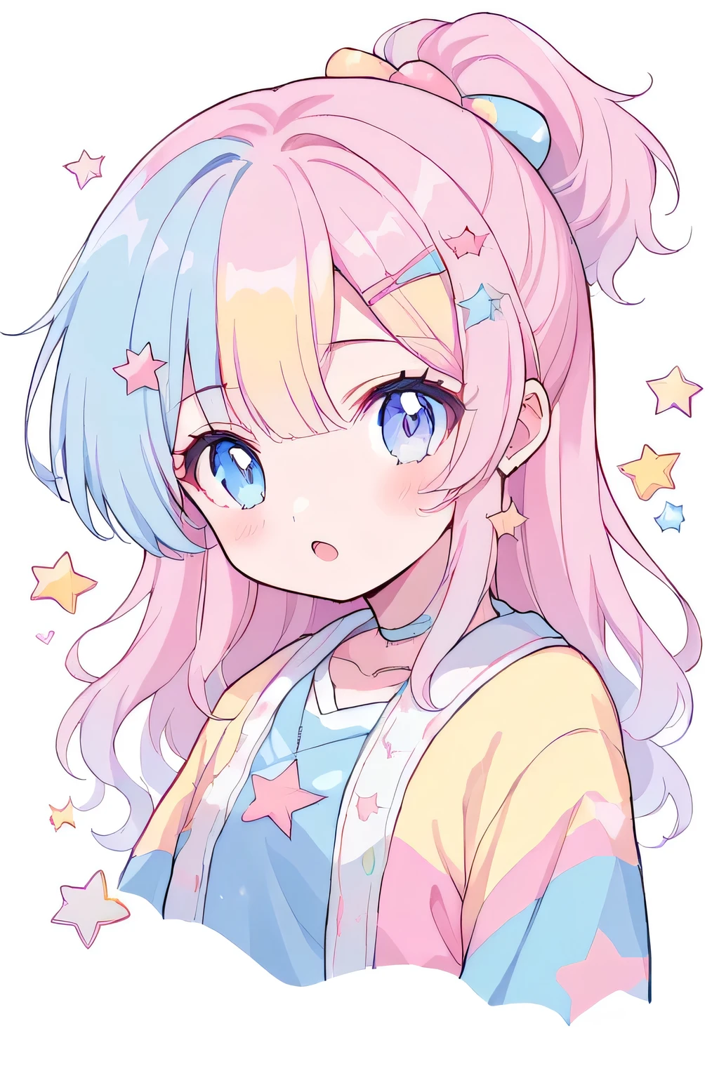 neondskdrmsxl, check_9_climb, check_8_climb, check_7_climb, check_6_climb, 1 girl, One, Pastel shades, open mouth, long hair, star , (Mark), star hair accessories, hair accessories, ponytail, look at the viewer, Blue eyes, pastel neon lighting, source_Anime, neon, neon theme , white background Distance from edge of top half