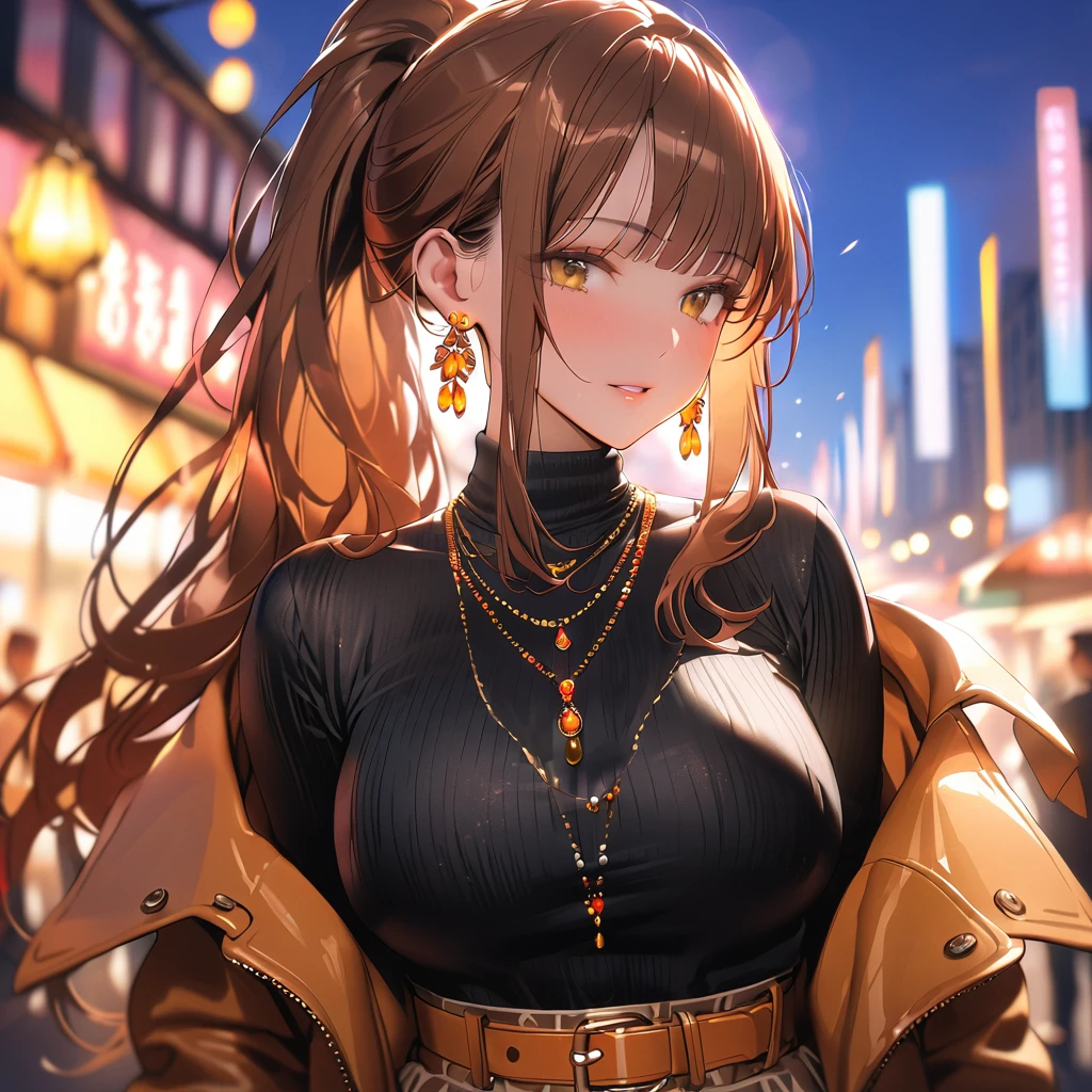 vibrant colors, female, masterpiece, sharp focus, best quality, depth of field, cinematic lighting, brown shiny hair, long hair, yellow eyes, jewelry, skirt, breasts, necklace, outdoors, earrings, ponytail, belt, large breasts, standing, coat, off shoulder, bangs, high-waist skirt, turtleneck,