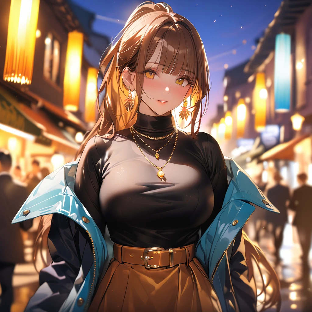 vibrant colors, female, masterpiece, sharp focus, best quality, depth of field, cinematic lighting, brown shiny hair, long hair, yellow eyes, jewelry, skirt, breasts, necklace, outdoors, earrings, ponytail, belt, large breasts, standing, coat, off shoulder, bangs, high-waist skirt, turtleneck,