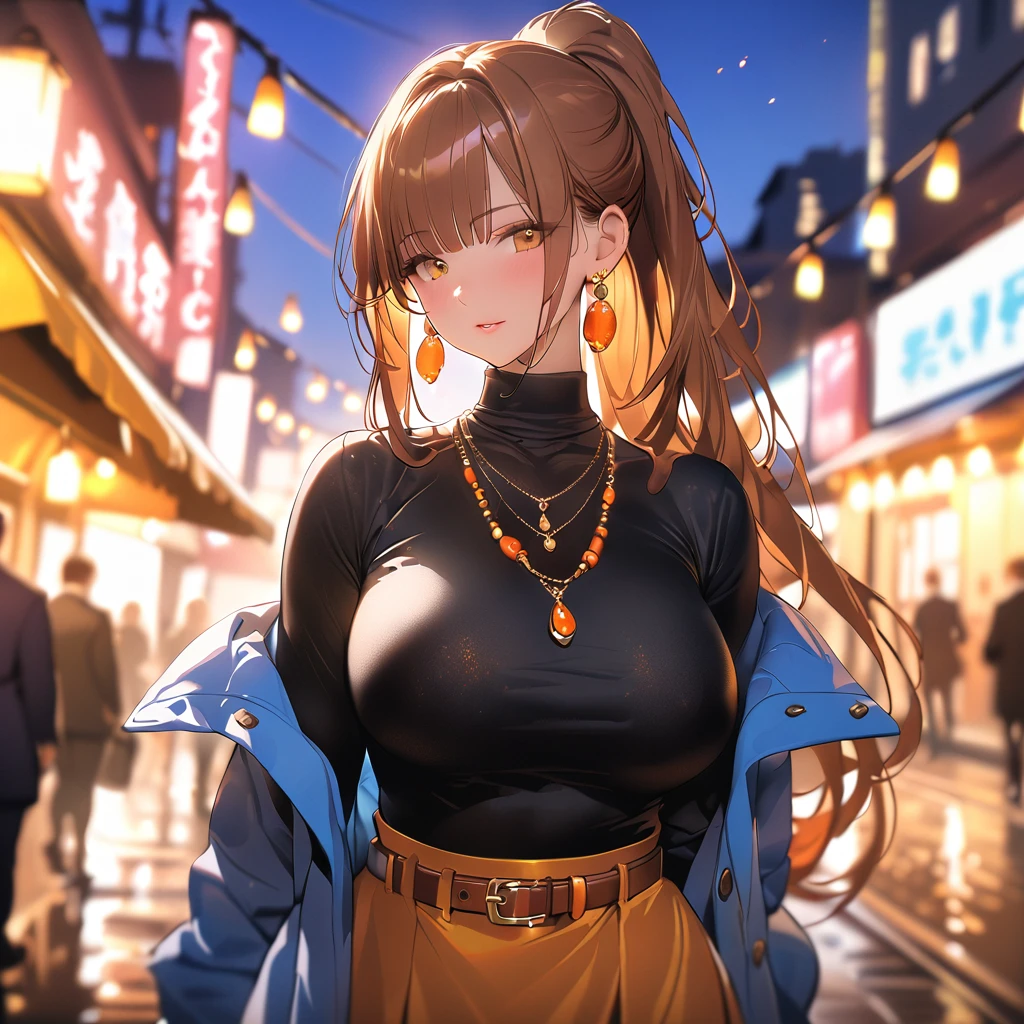 vibrant colors, female, masterpiece, sharp focus, best quality, depth of field, cinematic lighting, brown shiny hair, long hair, yellow eyes, jewelry, skirt, breasts, necklace, outdoors, earrings, ponytail, belt, large breasts, standing, coat, off shoulder, bangs, high-waist skirt, turtleneck,
