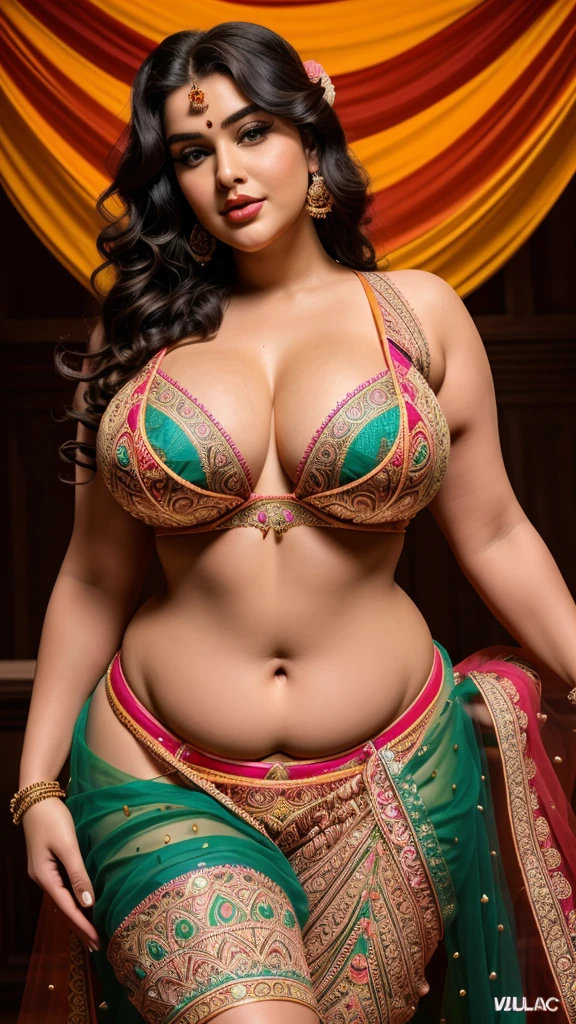 Captivating 25-year-old goddess, BBW, solo. 8k, ultra-high regulation, sharp focus, cinematic. Perky breasts, heavy body, plump face, deep eyeliner, curly, voluminous hair. Wearing a colorful Lehenga Bralette with intricate patterns, looking directly at the camera.