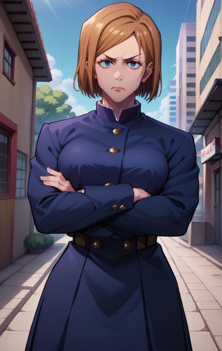 punctuation_9, punctuation_8_High above, punctuation_7_High above, punctuation_9, BREAK Kugisaki NobaraXL, 1 girl, standing alone, breastsout, gazing at viewer, shorth hair, bangss, overskirt, large breastsout, chestnut hair, long sleeves, eyes browns, cloused mouth, , jaket, natta, crossed arms, blue jaket, building, citys, gakuran, arms under breastsout, Kugisaki Nobara, cowboy shot