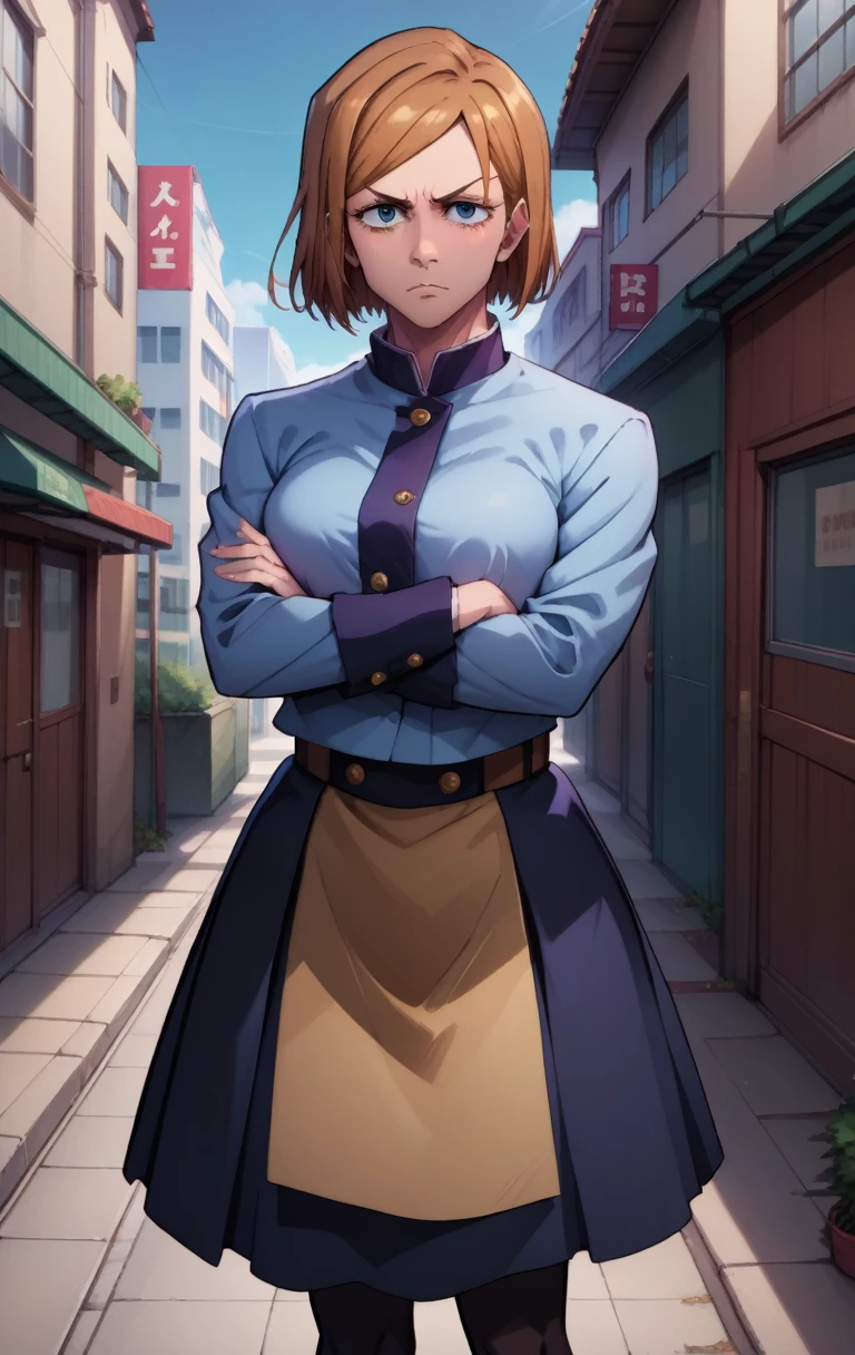 punctuation_9, punctuation_8_High above, punctuation_7_High above, punctuation_9,  BREAK Kugisaki NobaraXL, 1 girl, standing alone, breastsout, gazing at viewer, shorth hair, bangss, overskirt, large breastsout, chestnut hair, long sleeves, eyes browns, cloused mouth, , jaket, natta, crossed arms, blue jaket, building, citys, gakuran, arms under breastsout, Kugisaki Nobara, cowboy shot