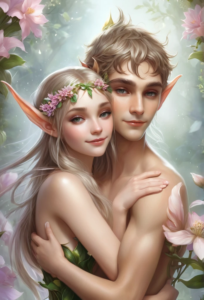 high quality),(refined details),(fantasy illustration),a couple of elves hugging each other (boy and girl), ((full body)), elf's ears,(boy has naked chest)perfect angelical face, inocente,delicate,light mist background , surrounded by flowers