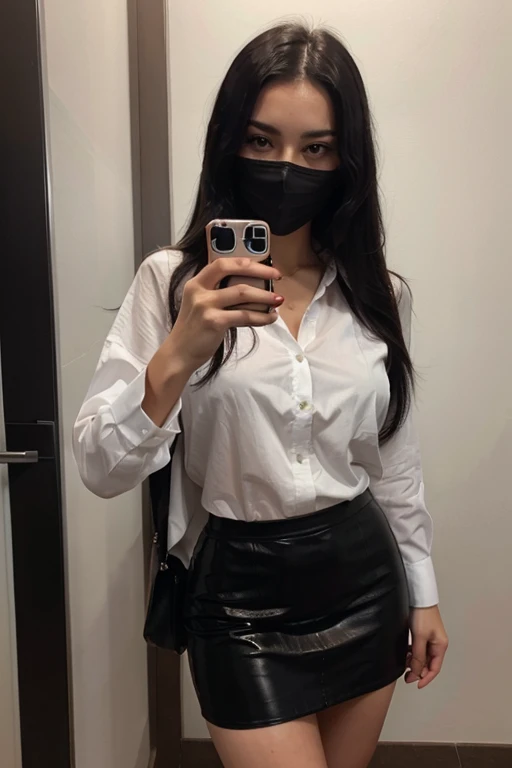 Sexy girl with long black hair taking a selfie in black mask and white dress shirt with elegant black leather skirt