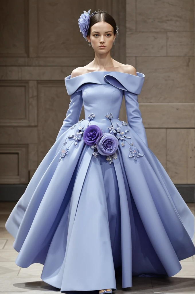 ful dressed, haute couture, flowers, Alexander McQueen, baby blue, Purple,