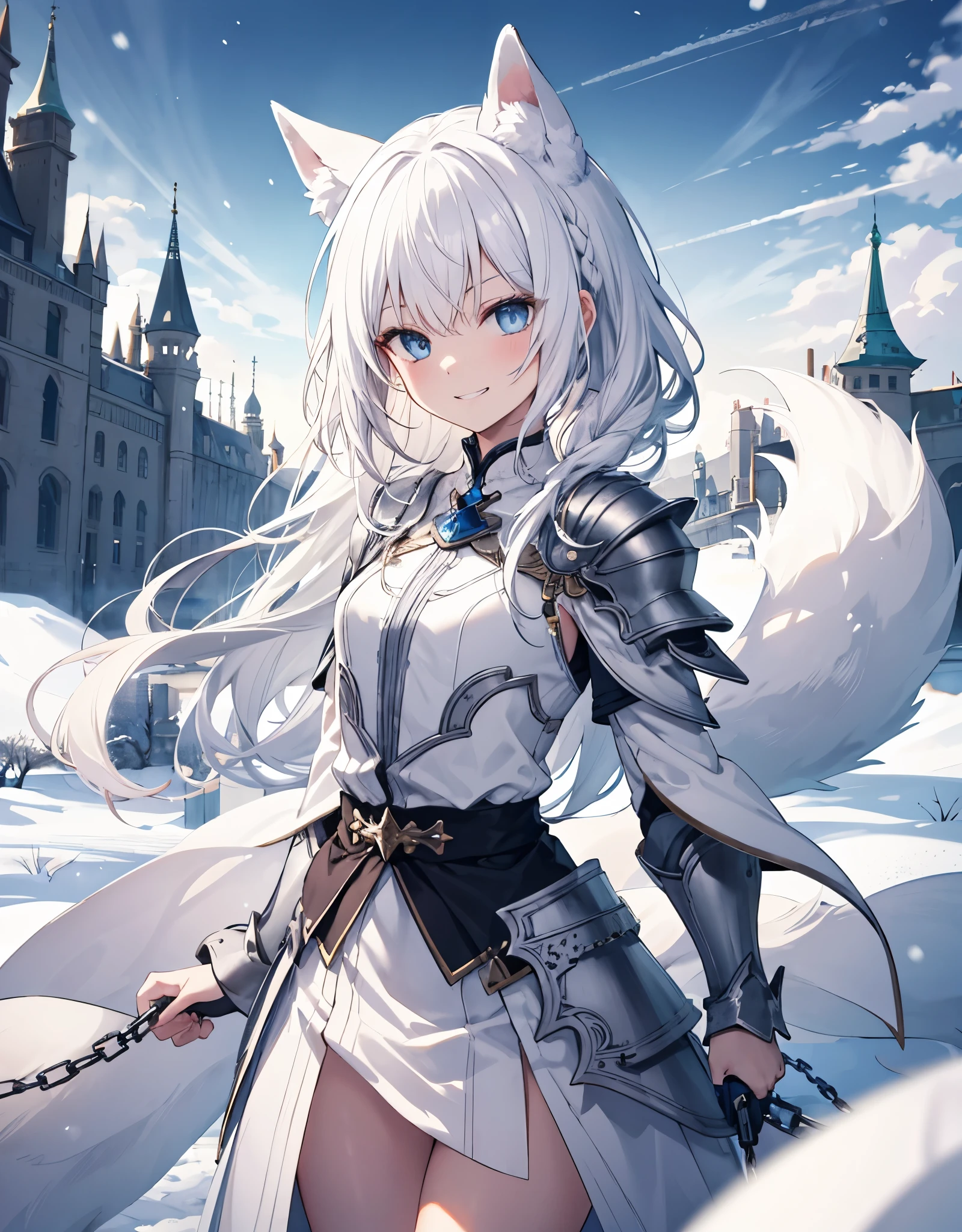 [[[ ultra-detailed, best quality, soft skin, beautiful, 4K]]] white hair, blue eyes, tied-up hair, slender body, dynamic angle, chainmail, white armor, white fox ears, calm expression, female, snowy palace gardens background, serious expression. walking angle, ((little  smile)) 