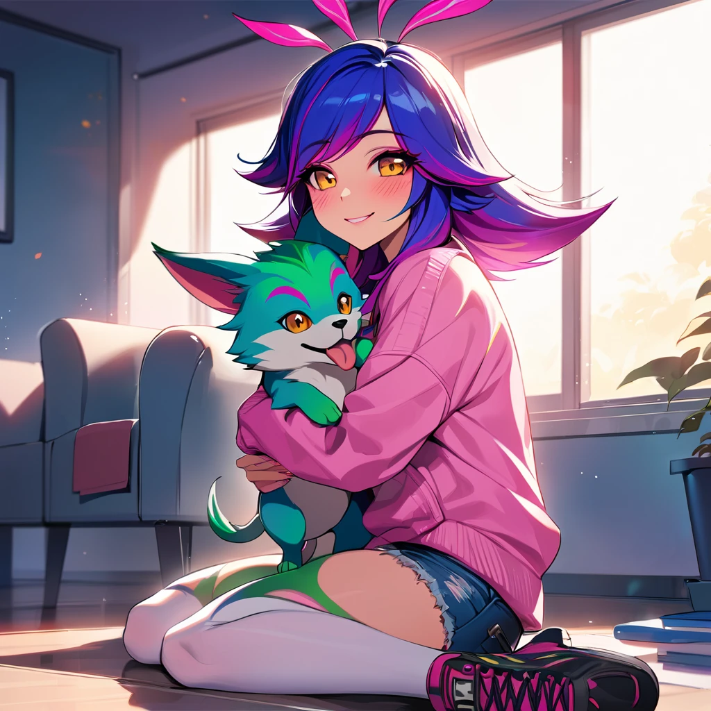 masterpiece, high quality, anime, neeko, sitting on the floor, smiling, hugging a puppy, wearing pink sweatshirt, jean shorts, long white stockings