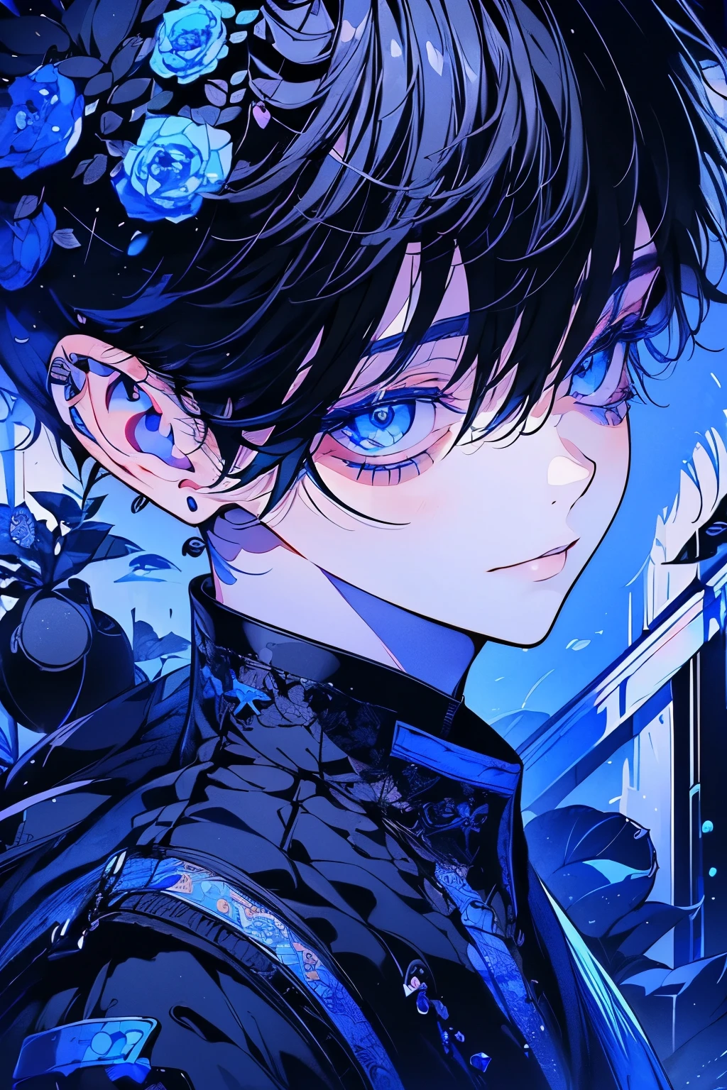 (Mastepiece), (Best Quality), Very detailed, 1 boy, Solo Shooting, Perfect Face, Beautiful Face, Very detailedな顔,(Black Hair:1.3),(short hair:1.4)、(Big eyes:1.4),(Long eyelashes:1.4)、(Blue Eyes:1.3)、Black clothes、Lots of flowers、petal、(smile:1.4)
