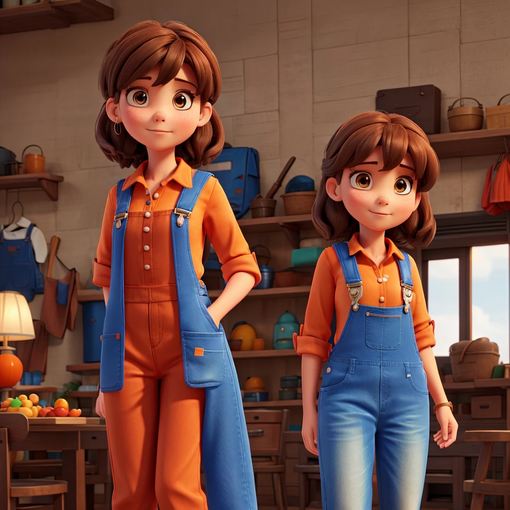  in blue overalls with an orange blouse and dark brown hair 