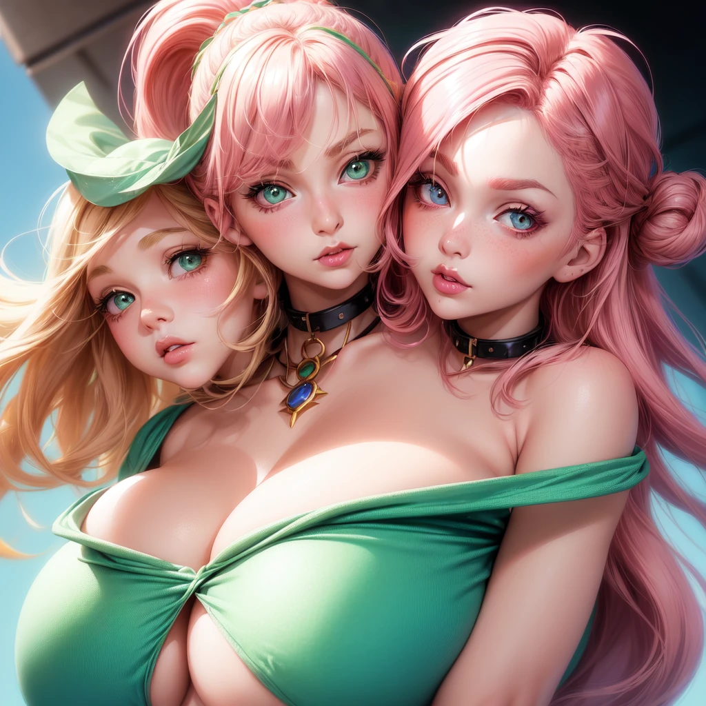 ((2 girls), solo, clevage, Big round breasts, realistic, pink hair, blonde hair, light green eyes, lip gloss, detailed face, amazing big eyes, eye details, big lips, eyebrow details, blush, mouth open, close up, portrait picture, collar bone, looking at camera, side by side, modern, white top