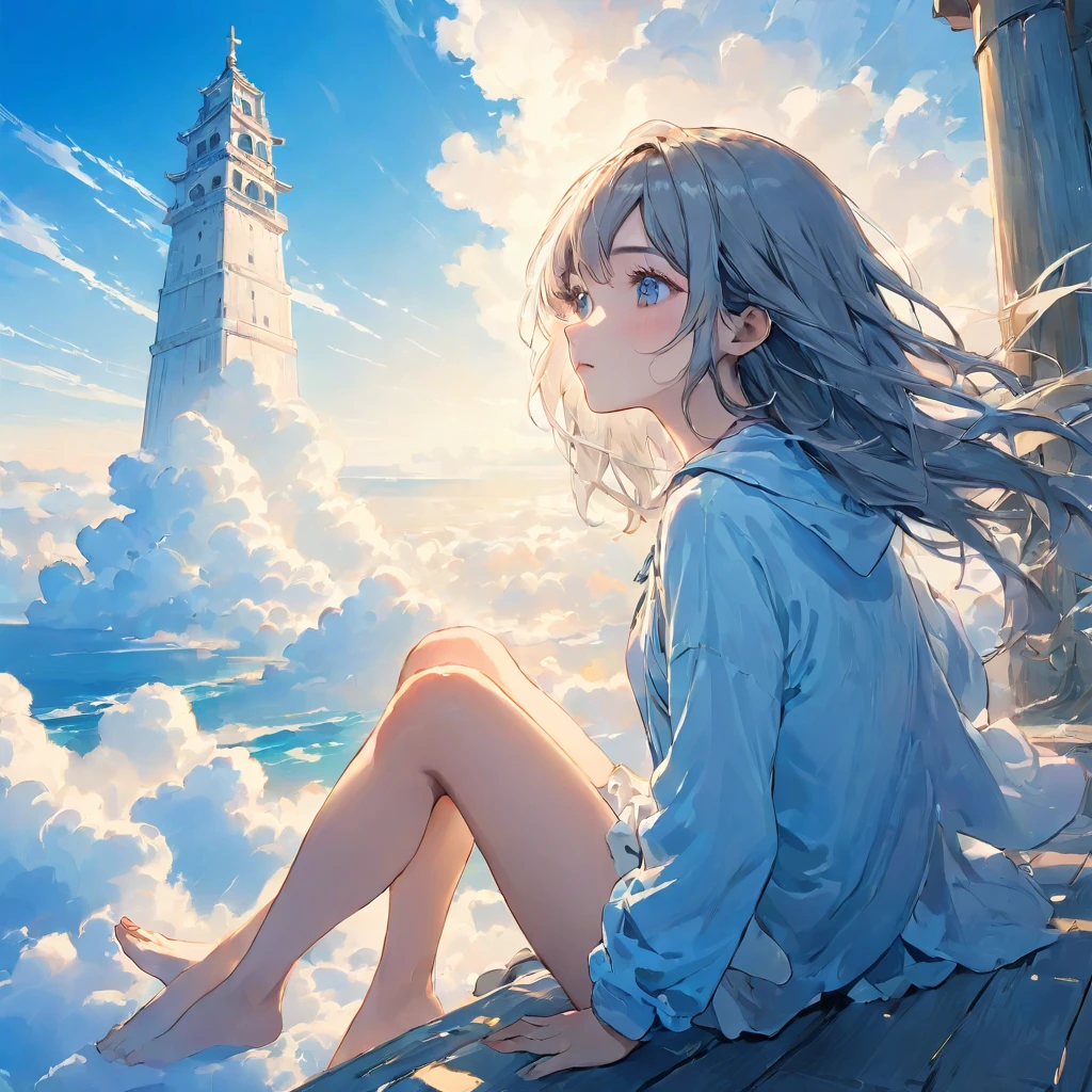finely detailed illustration, vibrant color,High resolution、8k、pretty girl、One Girl、Perfect and detailed eye drawing、Highest quality、masterpiece、detailed eye and face, A thin tower stretching high into the sky、Cylindrical tower、sea of clouds、blue sky、Sitting cross-legged、Hair blowing in the wind、Gray Hair、Girl staring into the distance、White clothes、barefoot、Full body angle、sea of clouds
