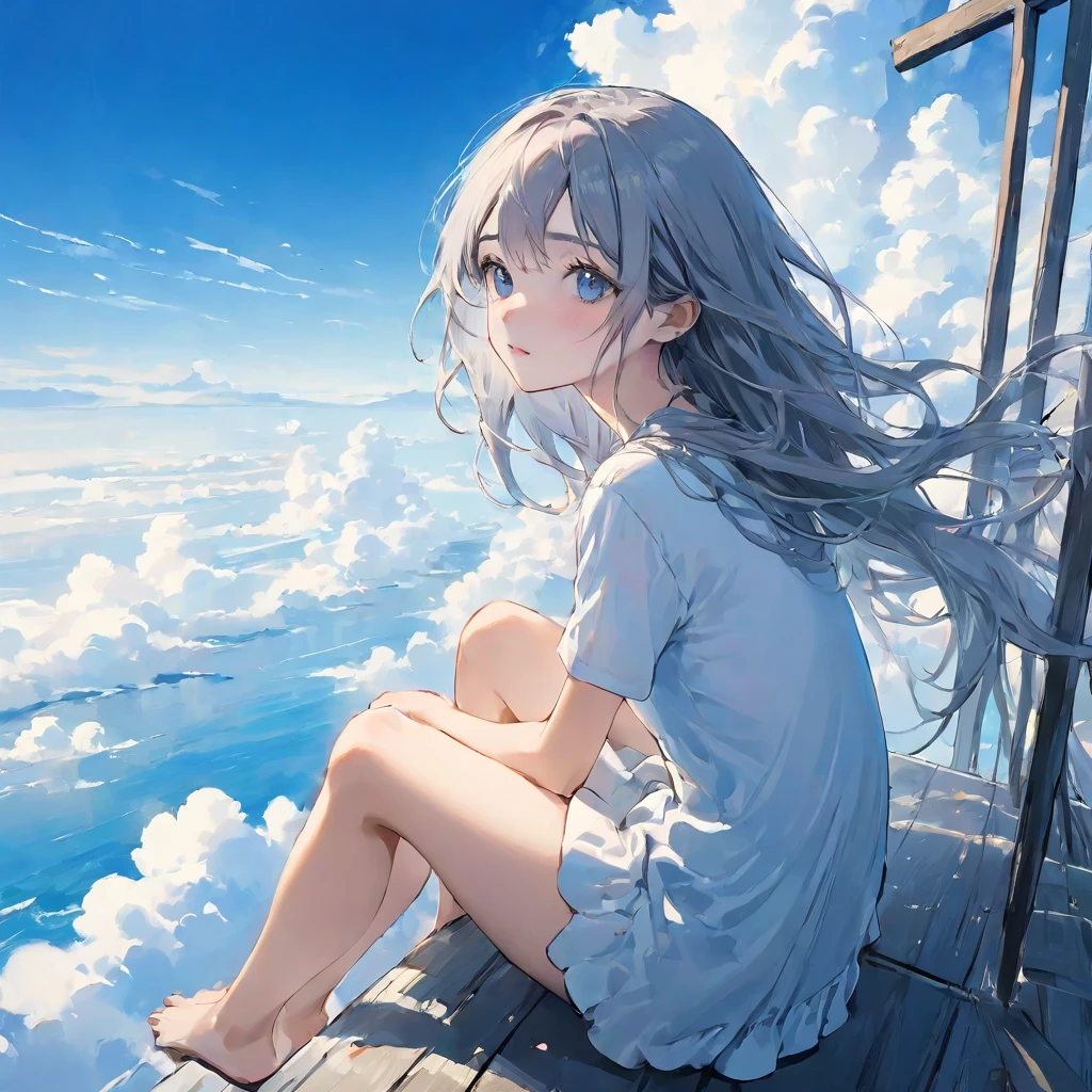 finely detailed illustration, vibrant color,High resolution、８ｋ、pretty girl、One Girl、Perfect and detailed eye drawing、Highest quality、masterpiece、detailed eye and face, A thin tower stretching high into the sky、Cylindrical tower、sea of clouds、blue sky、Sitting cross-legged、Hair blowing in the wind、Gray Hair、Girl staring into the distance、White clothes、barefoot、Full body angle、sea of clouds