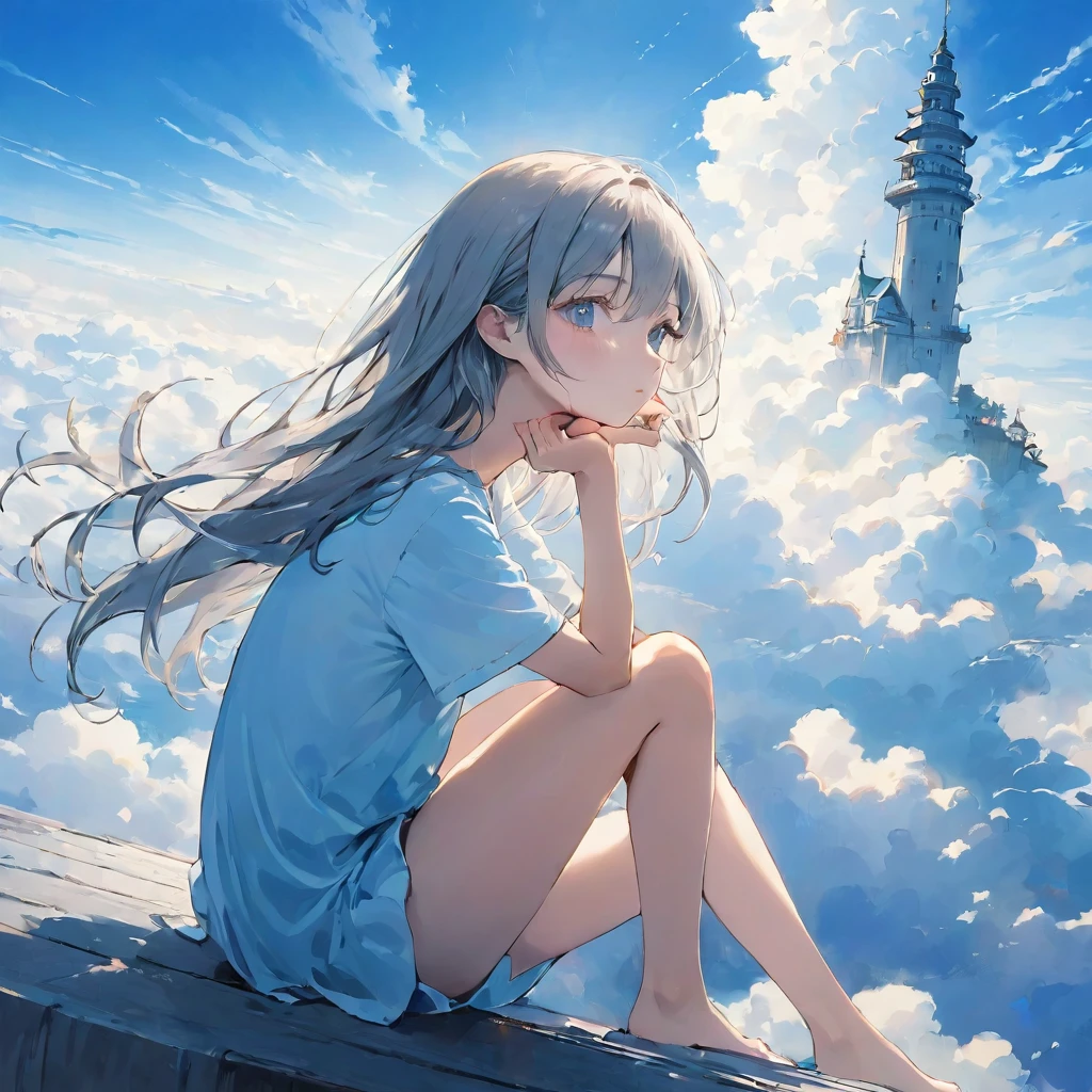 finely detailed illustration, vibrant color,High resolution、8k、pretty girl、One Girl、Perfect and detailed eye drawing、Highest quality、masterpiece、detailed eye and face, A thin tower stretching high into the sky、Cylindrical tower、sea of clouds、blue sky、Sitting cross-legged、Hair blowing in the wind、Gray Hair、Girl staring into the distance、White clothes、barefoot、Full body angle、sea of clouds