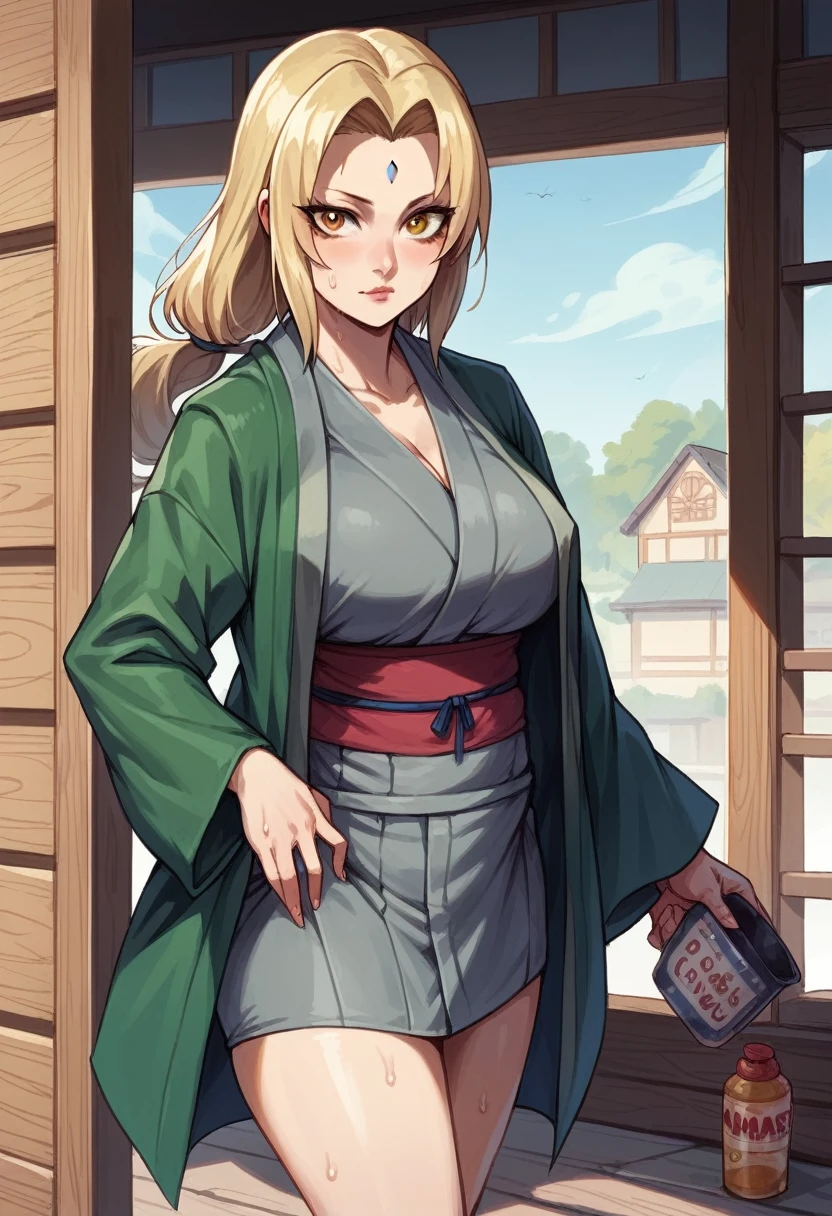1 girl, tsunade, yellow hair, yellow eyes, naked, realisitic, ultra detail, hyper huge pregnant, huge baby bump, huge hyper belly, huge boobies, Huge breasted, huge ass, huge ass, creme, hyper creme, Wet Sweat,