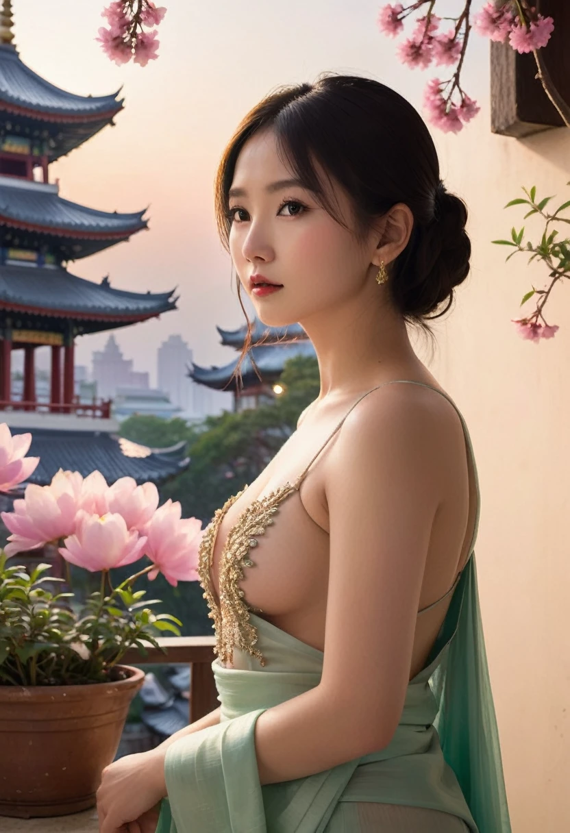 A traditional Asian artwork depicting a serene woman in an naked, standing with hands clasped. The background features a majestic, multi-tiered temple with ornate rooftops, surrounded by lush, blooming flowers and greenery. The scene is set in a tranquil, timeless night atmosphere with soft, pastel colors and a harmonious composition, evoking a sense of peace and cultural heritage at night