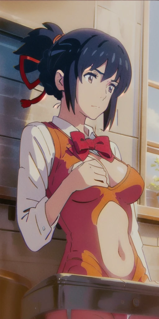 miyamizu_mitsuha, red bowtie,
jewelry, bikini, hands on chest,see-through, looking at viewer, hair ornament, choker, shy,
(masterpiece, top quality, best quality, official art, beautiful and aesthetic:1.2), (1 girl), extreme detailed, colorful, highest detailed,
(huge breasts:1.2, upper body, from below, cameltoe, ) white panties,
china city,street, sun, cloud, wall, leaning,big breasts,