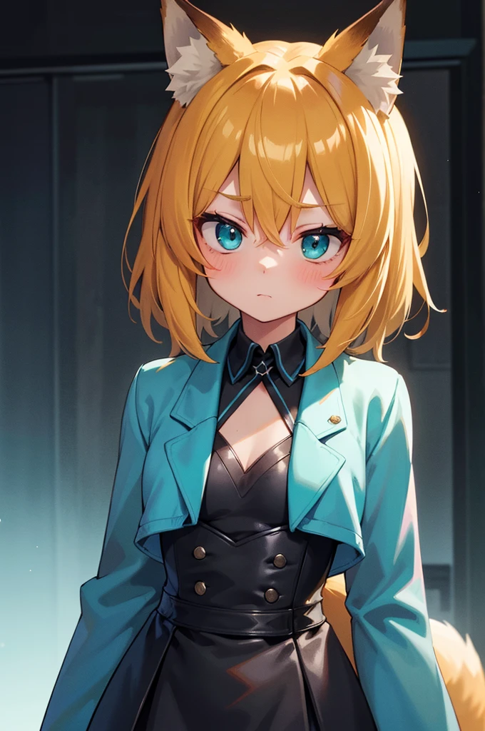 volumetric lighting, best shadows, Portrait of an incredibly beautiful girl, Delicate and attractive face with attractive green eyes, big chest, proportional sines, short blonde hair with blue in the middle, thin waist, standing, (Superior quality, incredible details: 1.25), (Alone: 1.3), Bright colored paints, Anime character with fox tail, A beautiful fox lady, A beautiful kitsune woman, whole body, cyan blue jacket, long sleeve, black shirt, black skirt, absurd, extreme detail, blush, detailed eyes, (shading), (detailed lighting), (cinematic lighting), (Masterpiece, anything, raw photography, high resolution, High details, Best Quality), High Definition, (high sharpness: 1.3)