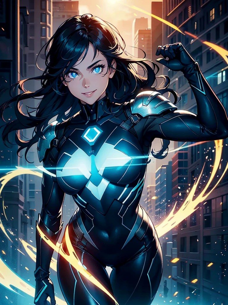 16K, HDR,UHD, RTX, ray tracing, chiaroscuro, best quality, masterpiece, ethereal, perfect illustration, digital artwork, trending on artstation, jaw-dropping perfection, ultra realistic, textured amazing lighting effects, perfect shadows, WLOP, 1girl, beautiful mature edgy woman in a cool long jacket and black pants, superhero suit, stomach covered by clothing, shoulder-length hair, shoulder-length hair, wavy hair, black hair, highly detailed glowing blue eyes, glowing eyes, blue eyes, beautiful glowy blue eyes, detailed eyes, beautiful face, perfect , broad shoulders, strong upper-body, modern city, city, beautiful weather, stunning sunshine, sunny, daylight, sunlight, modern, nature, daytime, superhero, uplifting, heroic, heroic pose, smiling, smiling at camera, athletic, hands near , glowy eyes, daytime, black and blue superhero suit, metal shoulder-pads, summertime, radiant sunlight, beautiful cityscape, hair blowing in wind, manly shoulders, big smile, wide smile, happy eyes, joyful, smiling with teeth, very tall, wide shoulders, tall
